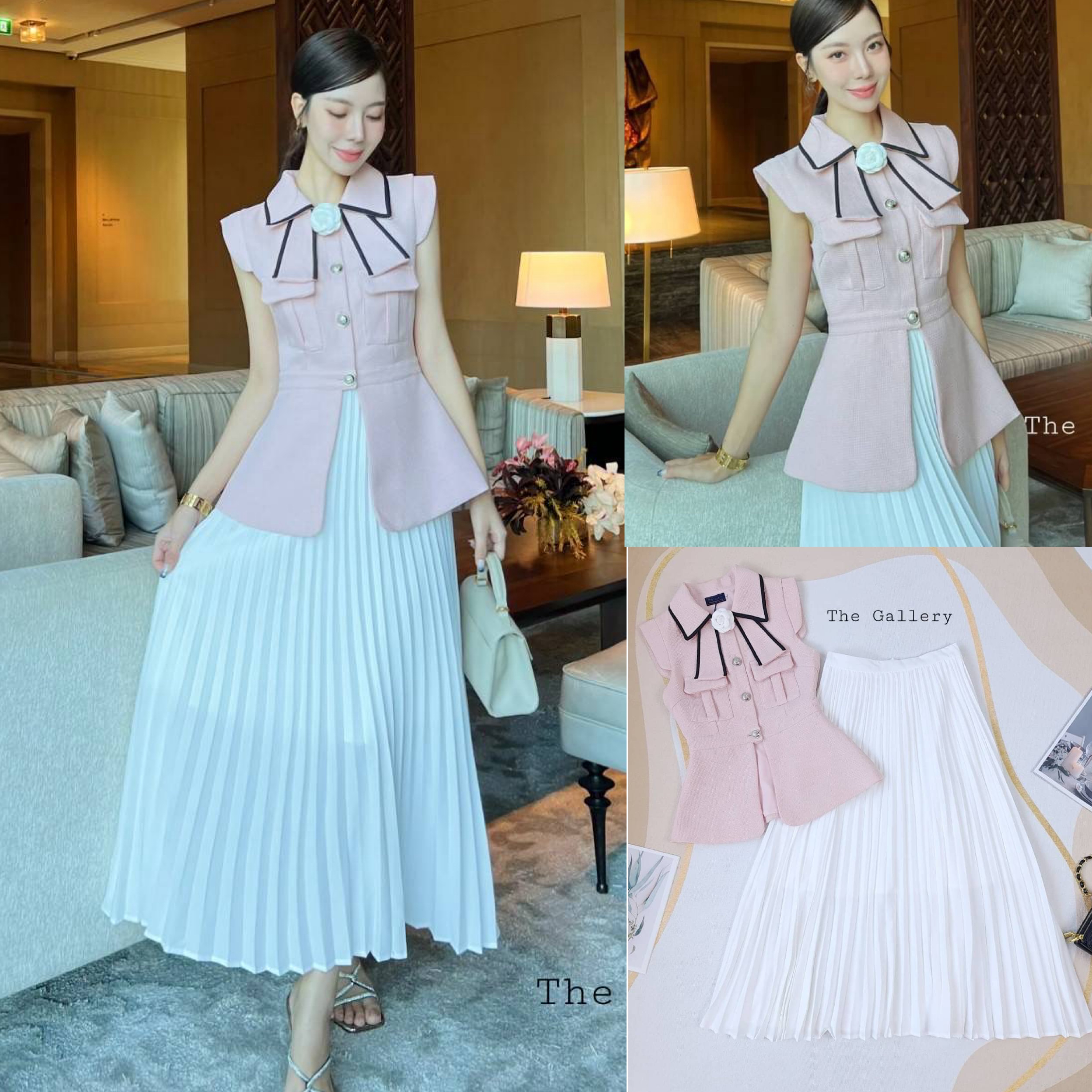 เซ็ต3ชิ้นเสื้อและกระโปรงอัดพลีต+เข็มกลัดดอกไม้เข้าชุด มาพร้อมซับในทั้งเสื้อและกระโปรง สินค้าคุณภาพ (พร้อมส่ง)