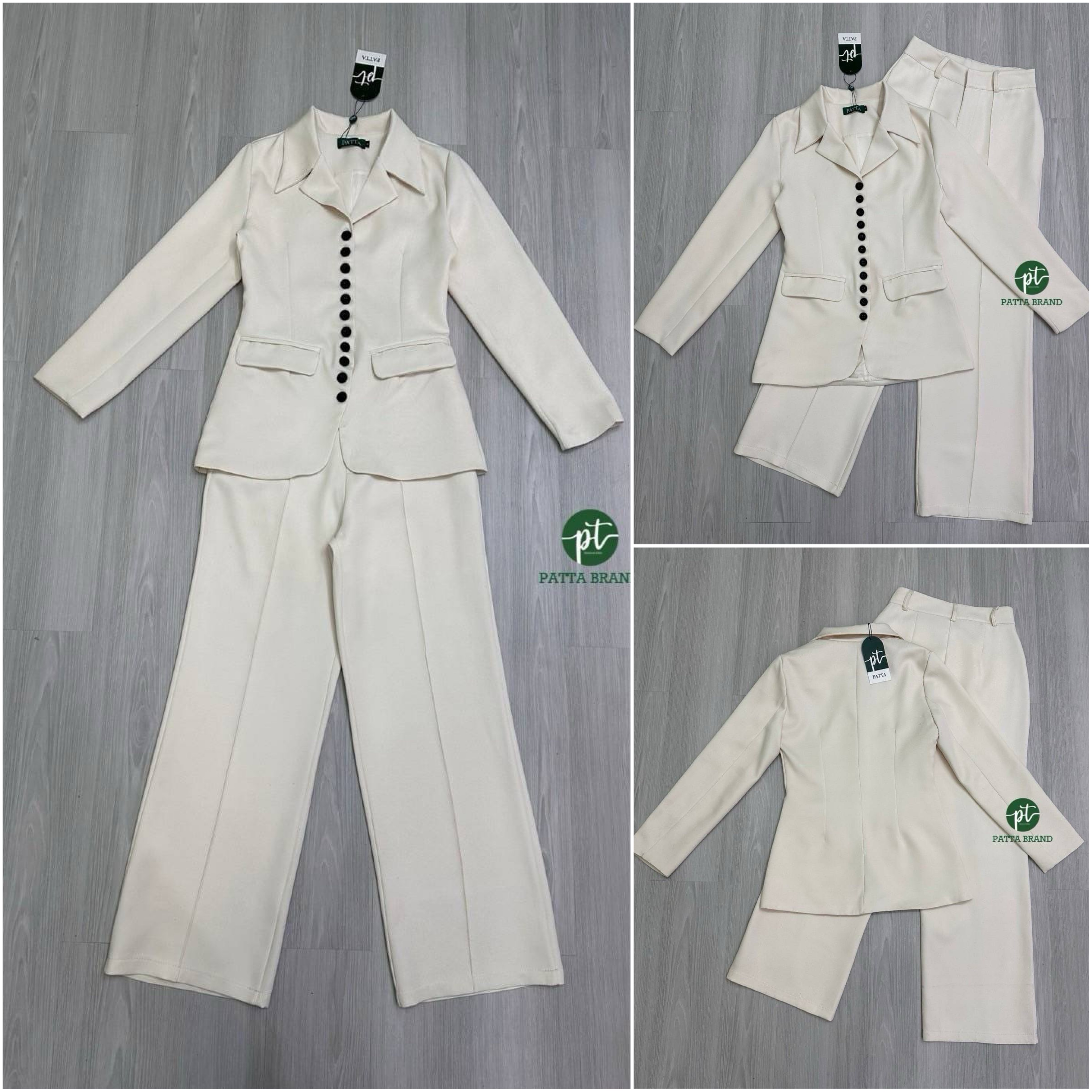 Set สูท2ชิ้นสีครีมดีเทลกระดุมหน้าสีดำเรียงยาวดีซน์เก๋ และมีกระเป๋าล้วงได้ คุ้มสุดๆ มาพร้อมกับกางเกงขายาวทรงกระบอกเล็ก ใส่สบาย : สินค้าคุณภาพ (พร้อมส่ง)