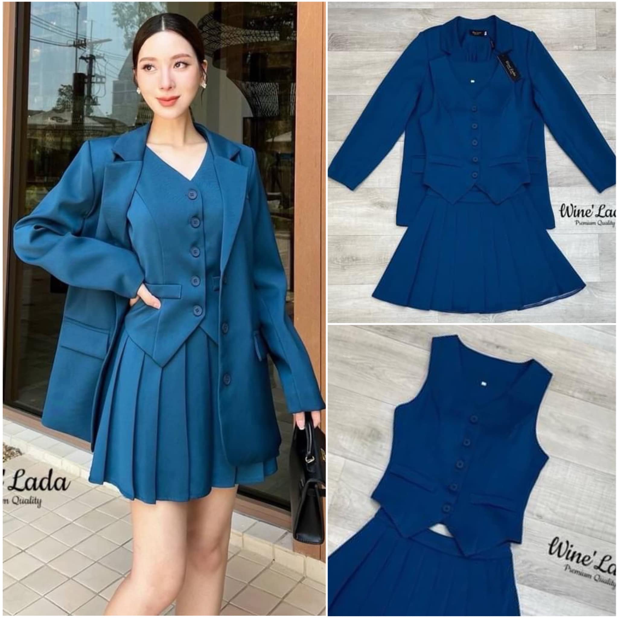 Set 3 Pcs. เซ็ทเสื้อแขนกุดกระดุมหน้า มาคู่กับเสื้อผ้าทรงสูทสีดำ มาพร้อมกับกระโปรง จีบรอบมีซับในกางเกงด้านใน คอมพีทลุคมาก ลุคเท่ห์ ใส่สบาย สินค้าคุณภาพ (พร้อมส่ง)