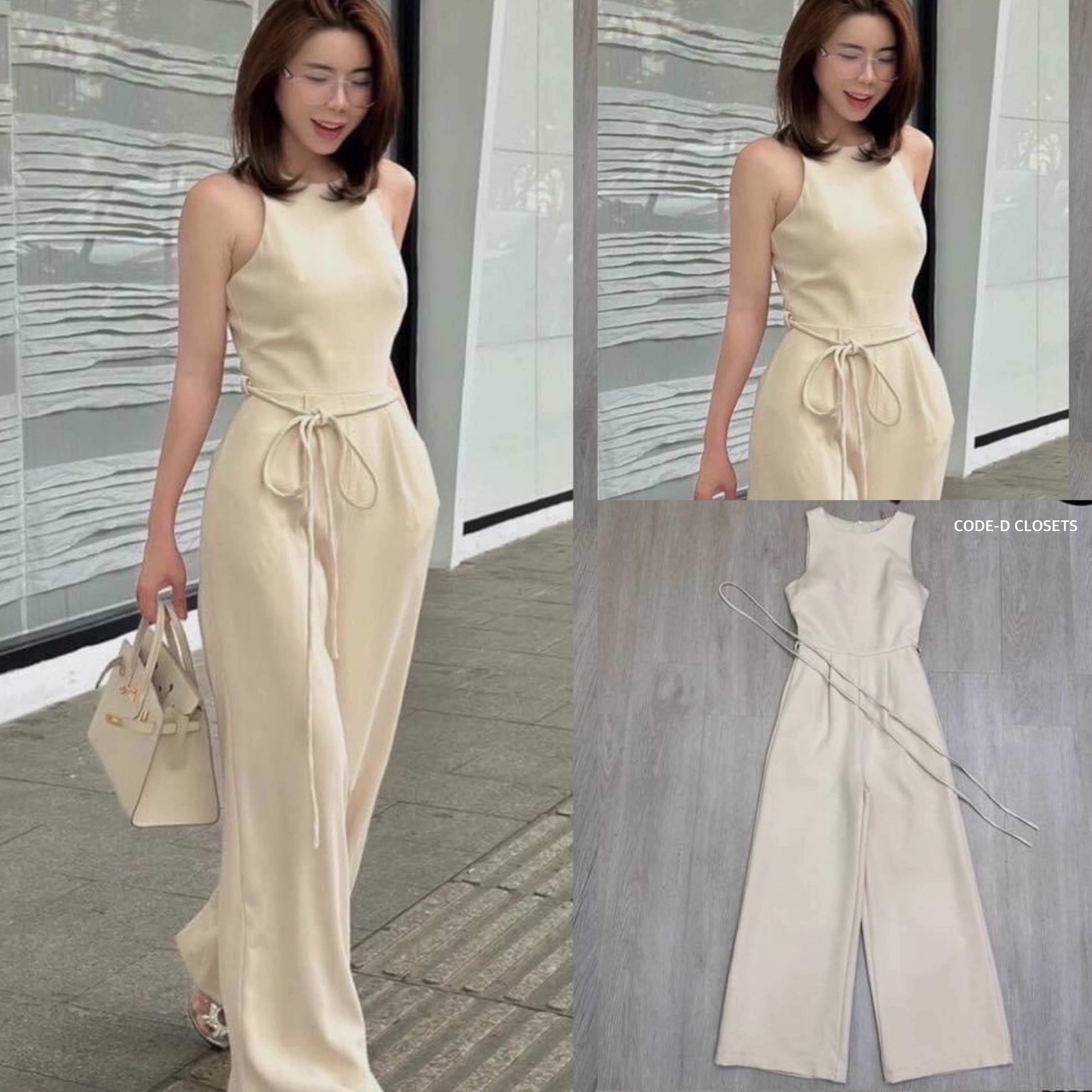 จั้มสูทสีครีมแขนกุดขายาวทรงกระบอก อกเย็บเสริมฟองน้ำ มีซิปหลังมีกระเป๋า2ข้าง มาพร้อมเชือกผูกเอวเก๋ไก๋ ใส่สบาย สินค้าคุณภาพ (พร้อมส่ง)