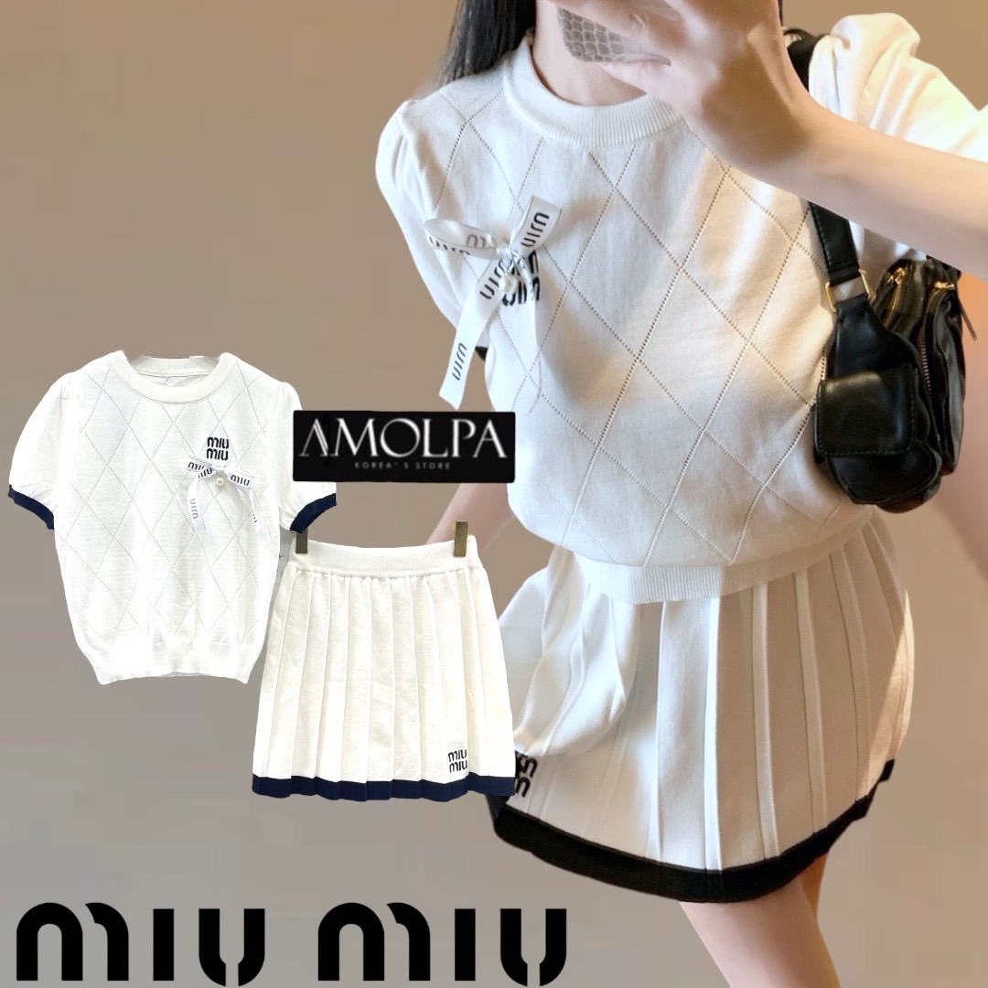 SET MIU MIU KNITT เสื้อแขนสั้น ไหมพรมสีสวย มาพร้อมกระโปรงจีบรอบ จัดดด่วน งานสวย สินค้าคุณภาพ (พร้อมส่ง)