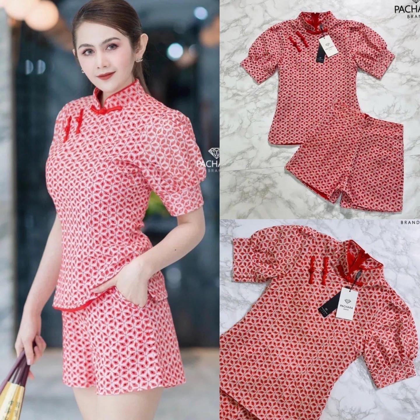 เซ็ต 2 ชิ้น เสื้อคอจีนแขนตุ๊กตา จับจีบพอง เนื้อผ้าลูกไม้ฉลุลายสีแดง แต่งกระดุมผ้าด้านหน้า แมทช์คู่กับกางเกง ขาสั้นเอวสูง งานซิปด้านหลัง มีซับในอย่างดี : สินค้าคุณภาพ (พร้อมส่ง)