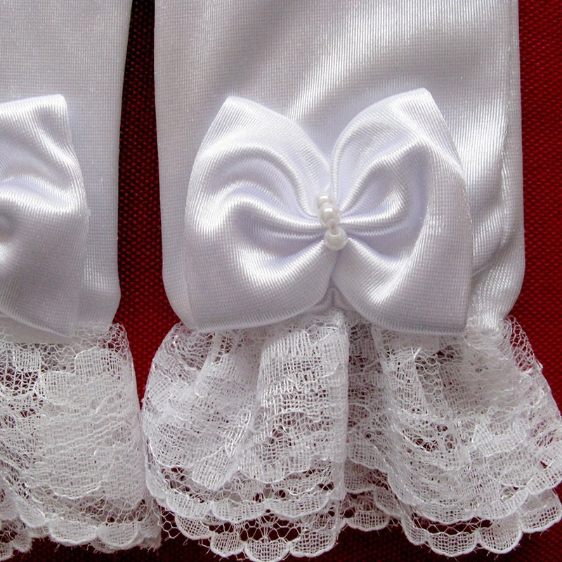 NanaBaby ถุงมือเด็กสีขาวลูกไม้ออกงาน ถุงมือดรัมเมเยอร์ สำหรับเด็กวัย 4-8 ปี / 8-12 ปี ผ้าสแปนเด็กซ์ยืดเนื้อซาติน นิ่มลื่นเงางาม