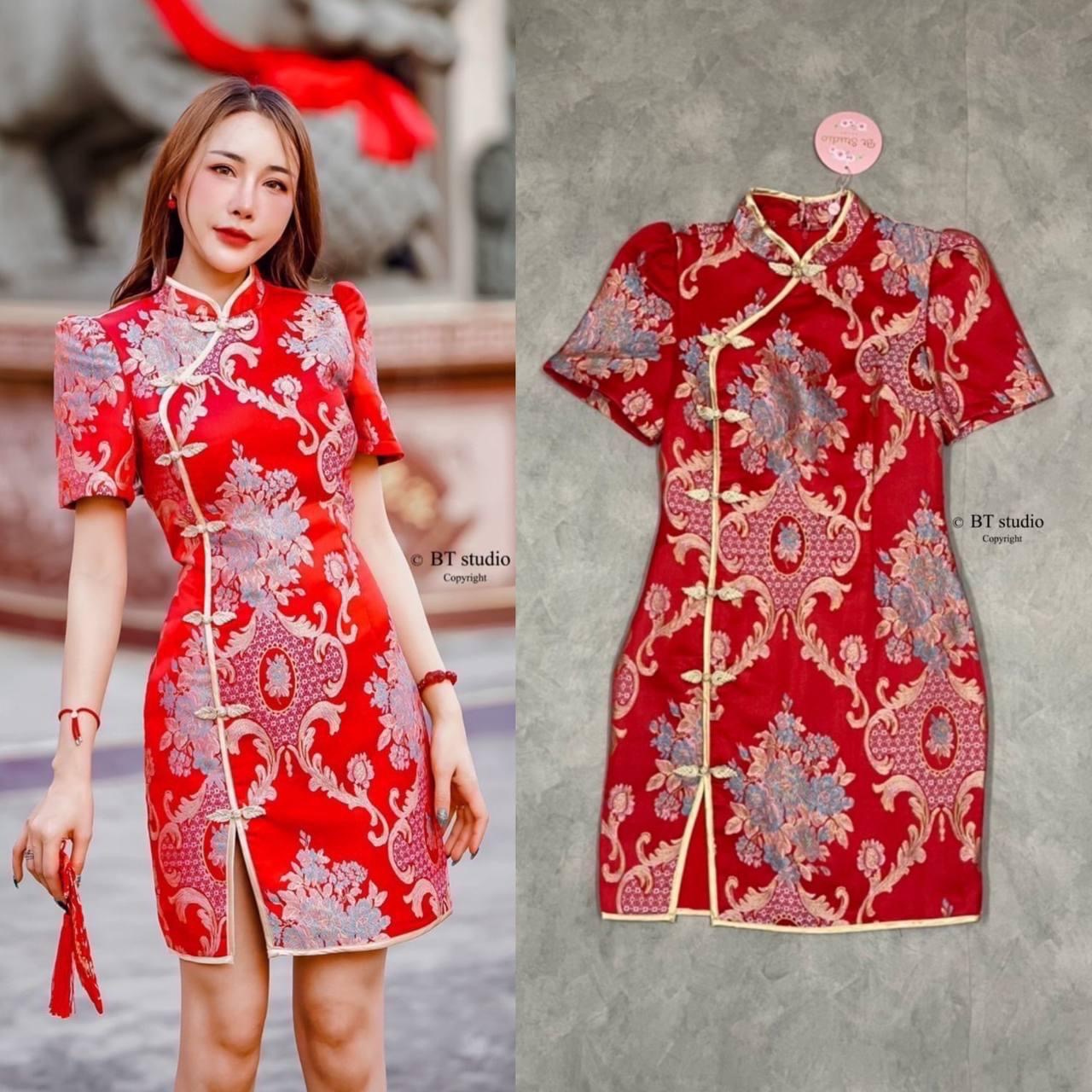 เดรสรสสั้นผ้าทอลายในนตัว แต่งขอบกุ้นกระดุมจีน เว้าปลายชายเล็กน้อย ใส่สบาย สินค้าคุณภาพ (พร้อมส่ง)