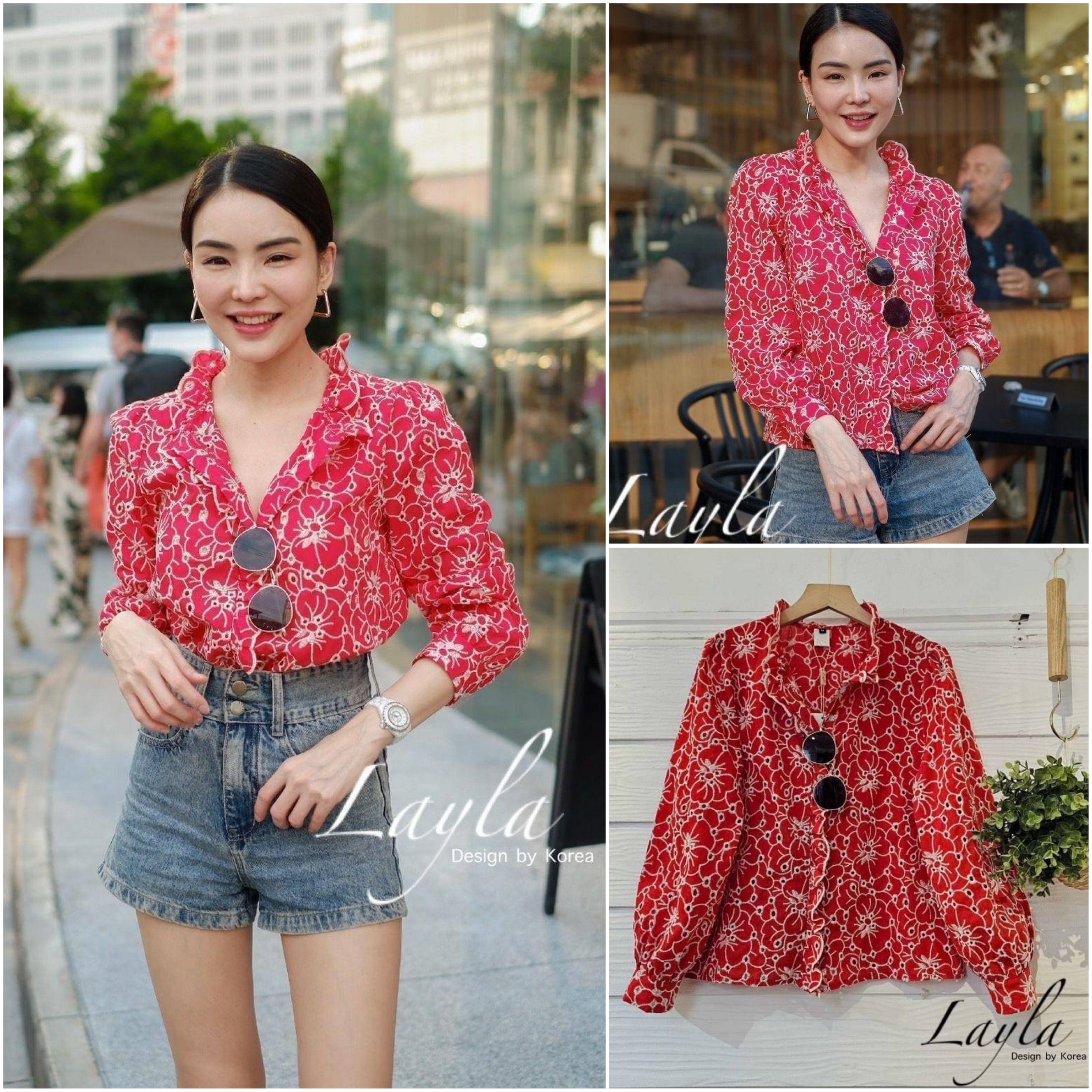 เสื้อปักฉลุลายดอกไม้ แบรนด์ sezane แบรนด์ที่กำลังมาแรงจากParis ทรงเชิ้ตคอระบายต่อยาวถึงแถบกระดุม ใส่สบาย : สินค้าคุณภาพ (พร้อมส่ง)