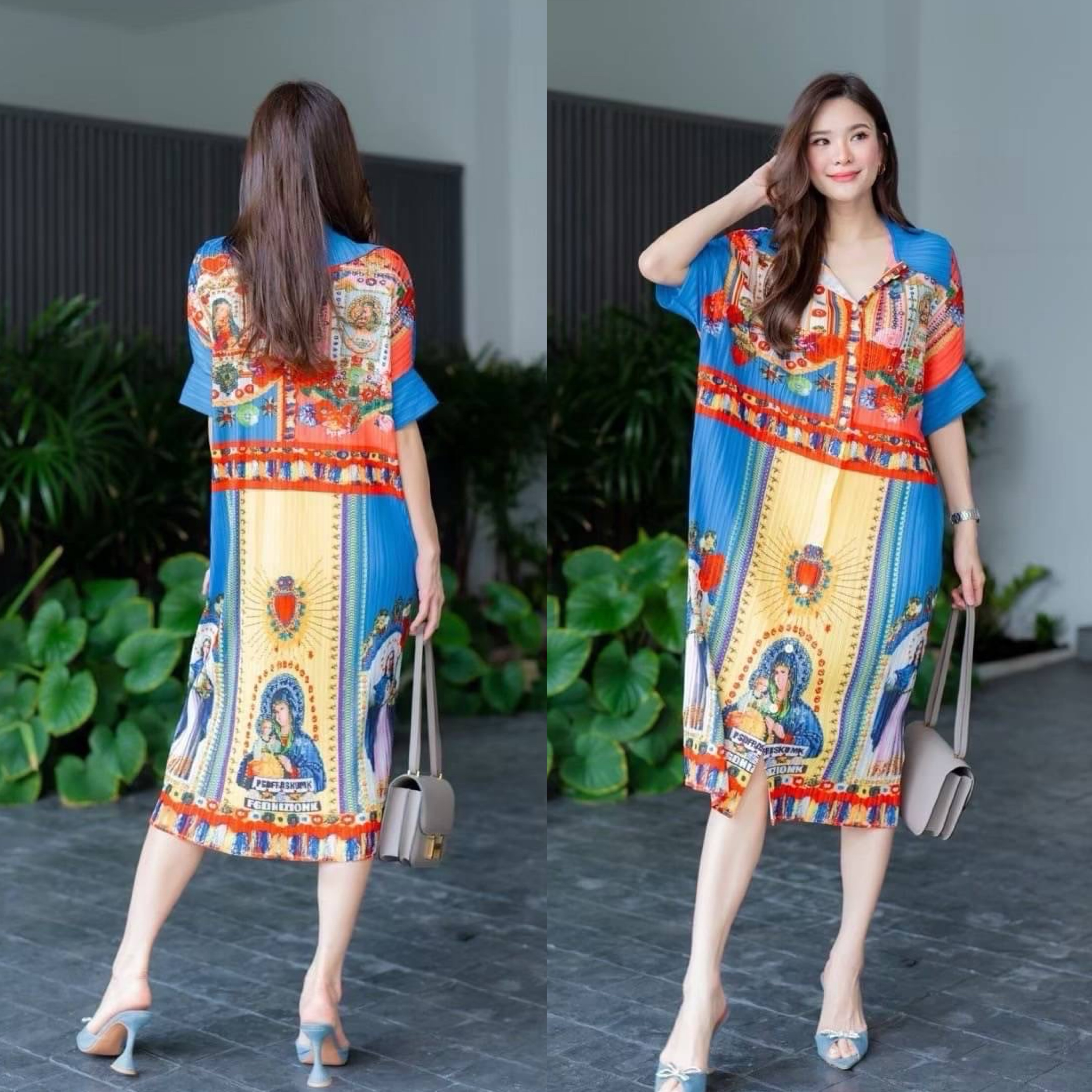 เดรสพลีทตัวยาวคอปกใหญ่ ทรงไหล่ล้ำ พับแขนเบิ้ล เกร๋กรู๊ดดด งานอัดพลีท 100% พลีท AA Premium 🎡🎢 ลายกราฟฟิค ใส่สบาย : สินค้าคุณภาพ (พร้อมส่ง)