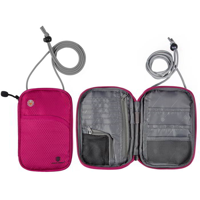 กระเป๋าใส่พาสปอร์ตห้อยคอ คล้องคอได้ กระเป๋าใส่หนังสือเดินทาง ป้องกันการขโมยข้อมูลบัตรเครดิตด้วยคลื่น RFID (Rose Red)