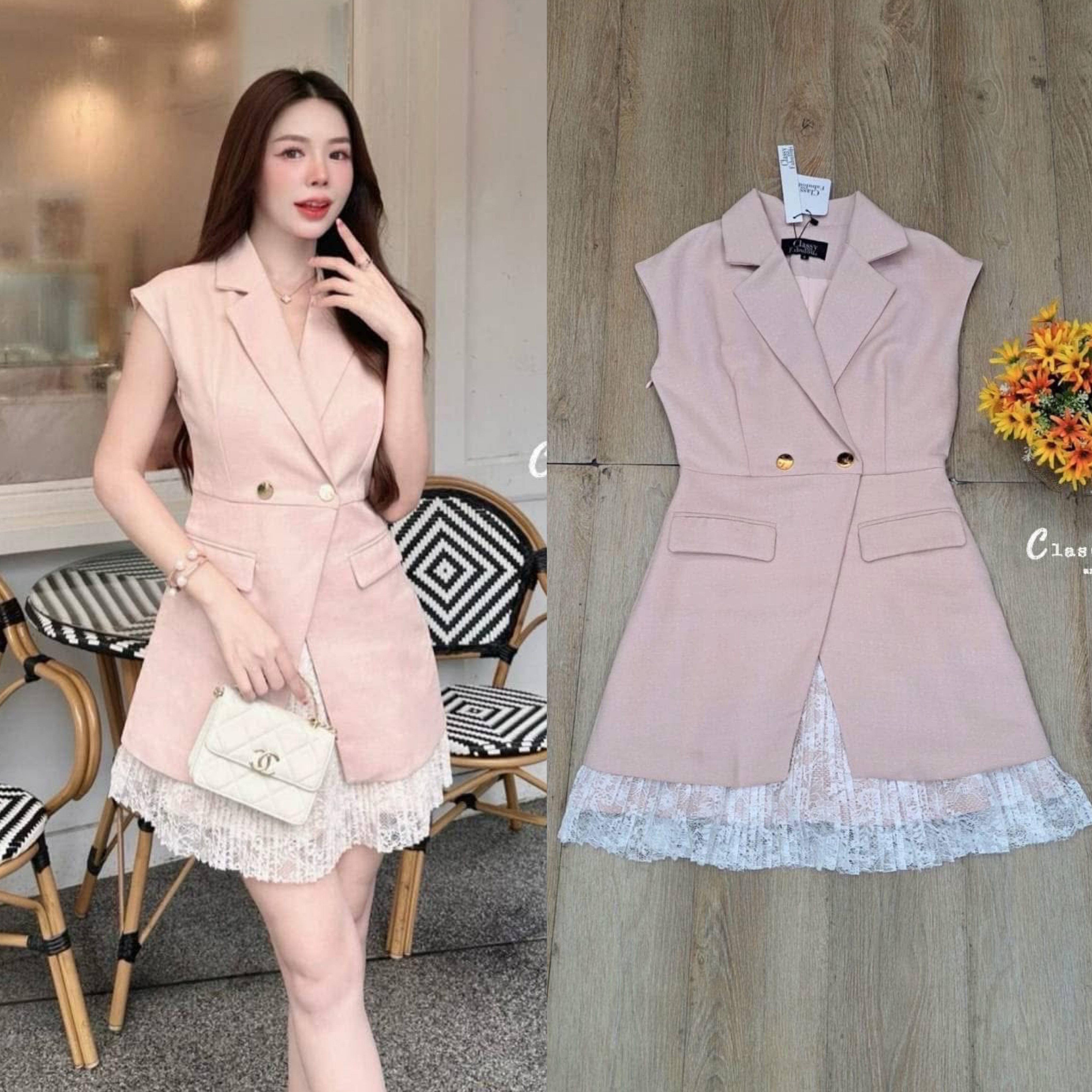 เดรสสูทกระโปรงสั้น คอปก แขนล้ำ กระดุมหน้า 2 เม็ดสีทอง เนื้อผ้ามี Texture ในตัว ชายกระโปรงตกแต่งด้วยผ้าลูกไม้อย่างดี ใส่สบาย : สินค้าคุณภาพ (พร้อมส่ง)