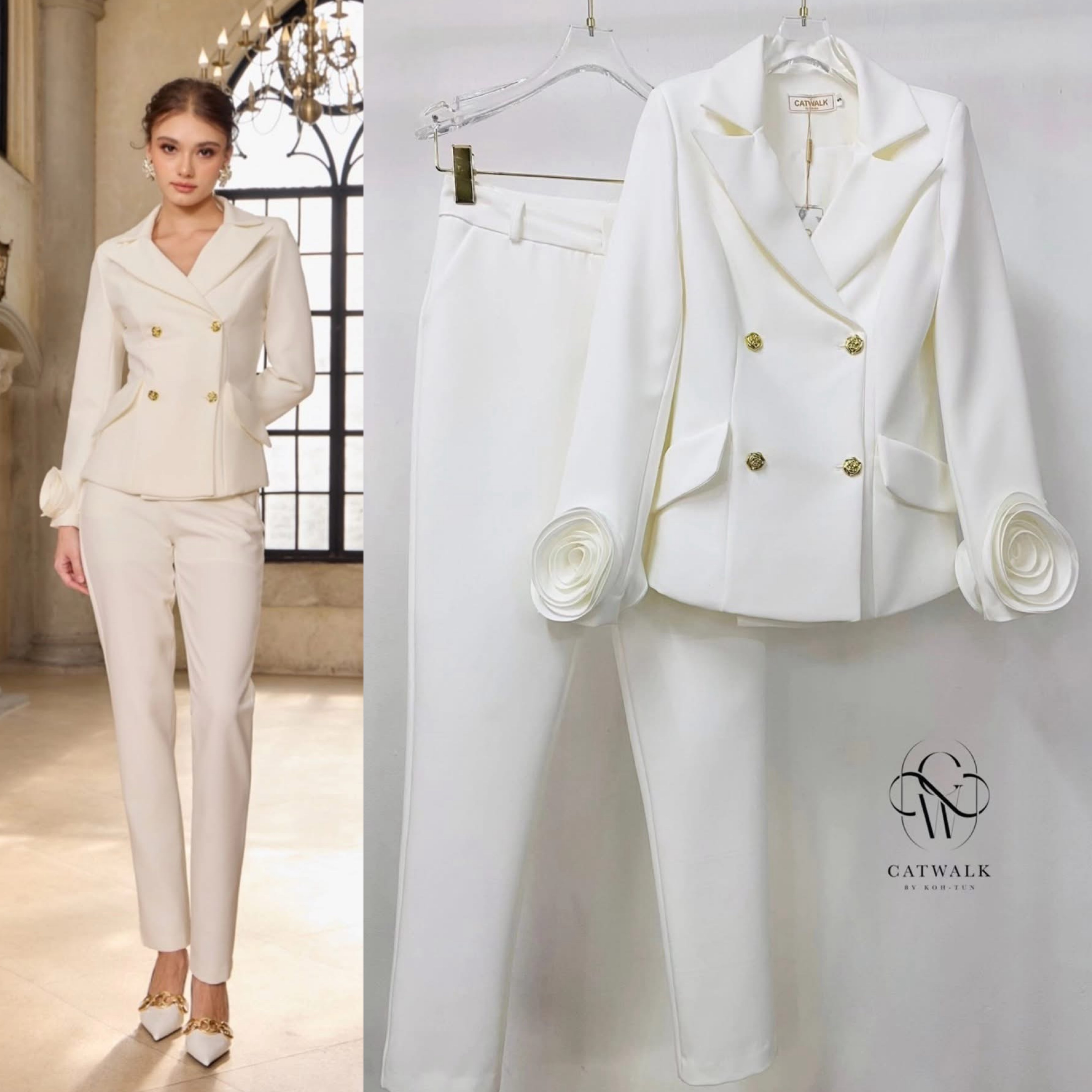 Set BLAZER แต่งแขนดอกไม้ เนื้อผ้าสวย ตัวBLAZER เป็นทรงเข้ารูป ปลายแขนแต่งด้วยดอกไม้ผ้า โดยดอกไม้ใช้ผ้าเดียวกับตัวชุดน่ารักมาก เพิ่มความโดดเด่นด้วยกระดุมกุหลาบสีทอง มาคู่กับกางเกงเอวสูงทรงขากระบอกเล็ก ใส่สบาย : สินค้าคุณภาพ (พร้อมส่ง)