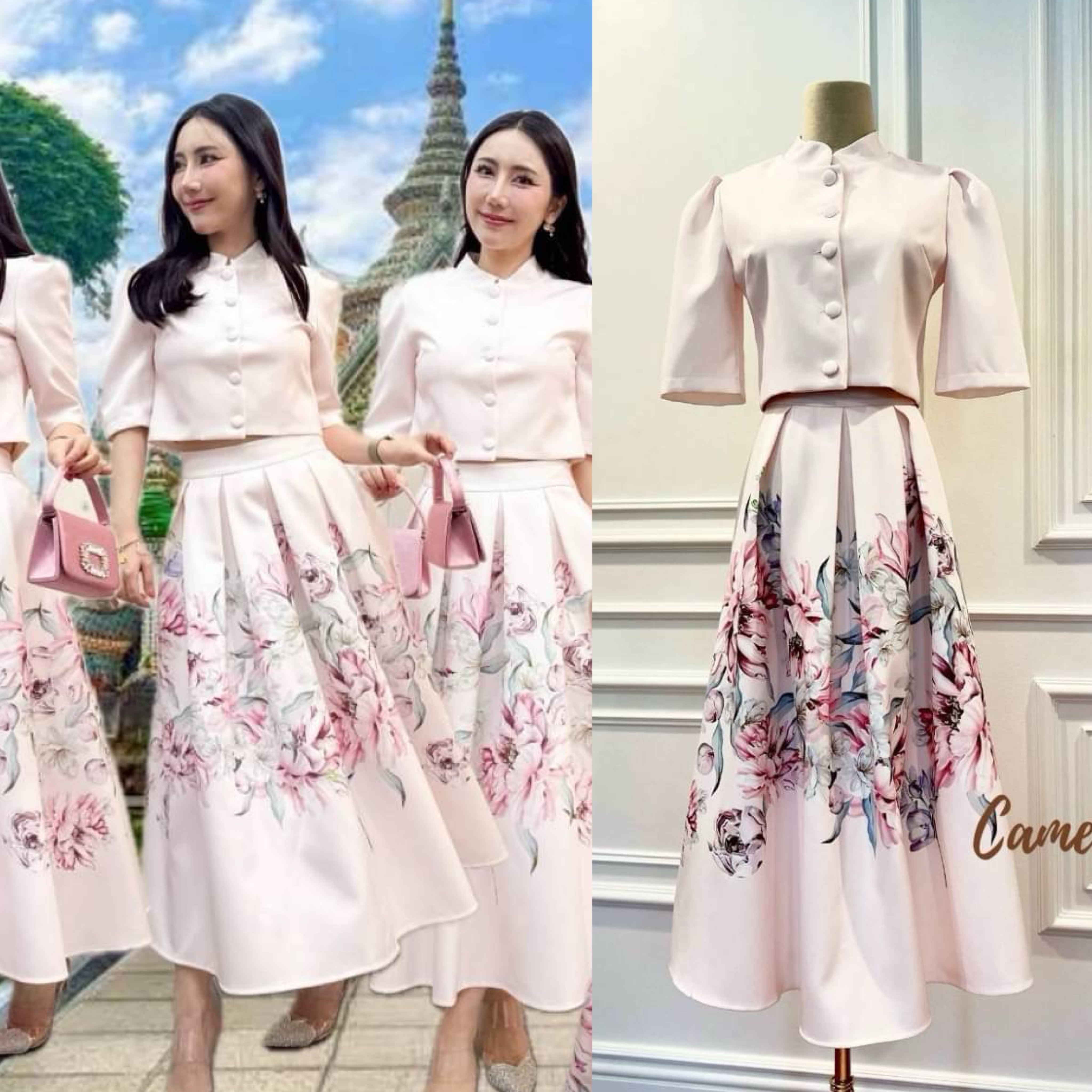 ชุดSet เสื้อคอปีนแต่งกระดุมด้านหน้าแขน 3 ส่วน เสื้อไม่สั้นนะคะ มาพร้อมกระโปรงเข้าชุดกระโปรงจับจีบรอบ ใส่สบาย : สินค้าคุณภาพ (พร้อมส่ง)