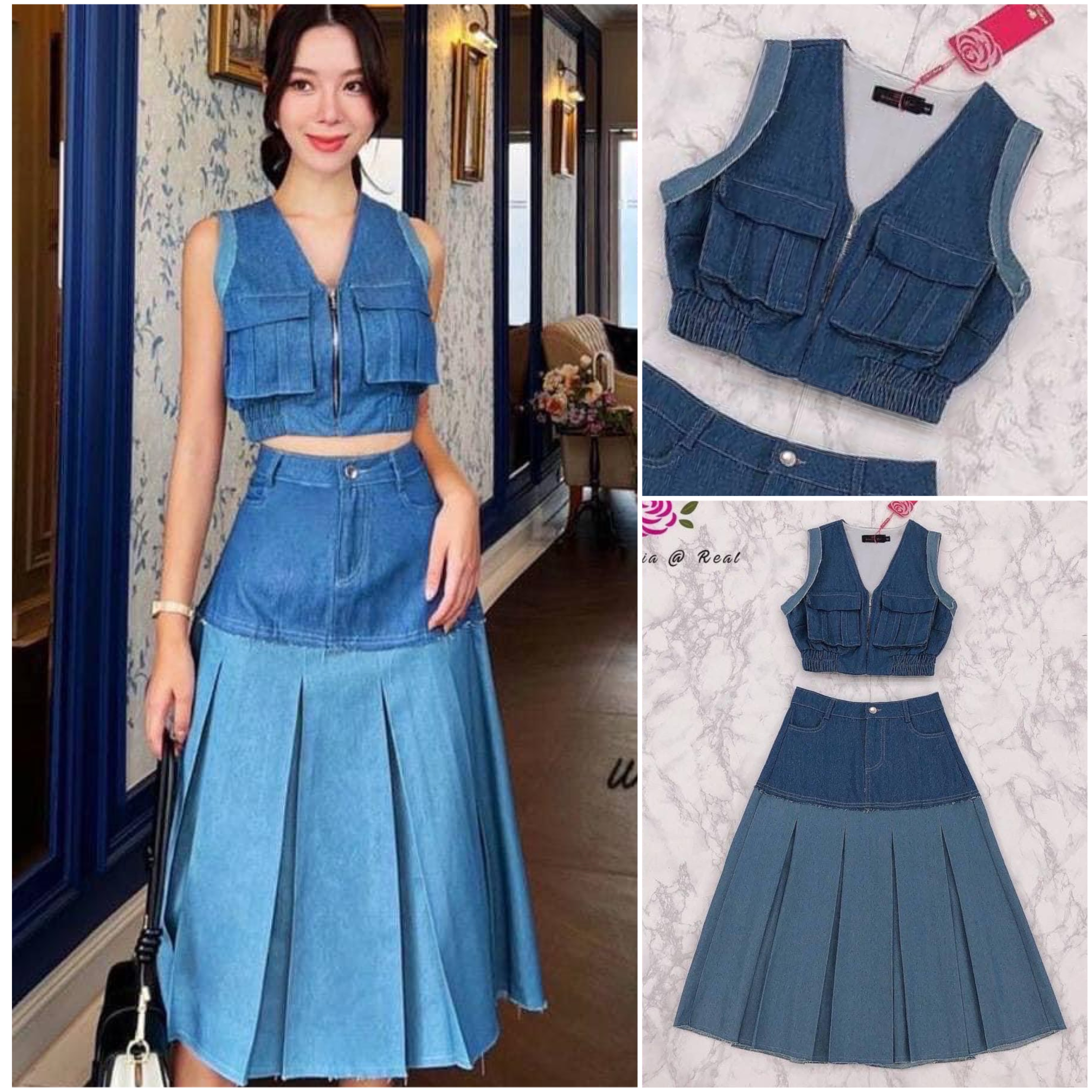 Set :: เสื้อแขนกุดตัวสวยทรงดี คอวีสวย ด้านหน้าแต่งซิปและกระเป๋าทั้ง2 ข้างสวย มาเข้าชุดพร้อมกับกระโปรงทรงเอ บานตัวยาวสวย : สินค้าคุณภาพ (พร้อมส่ง).