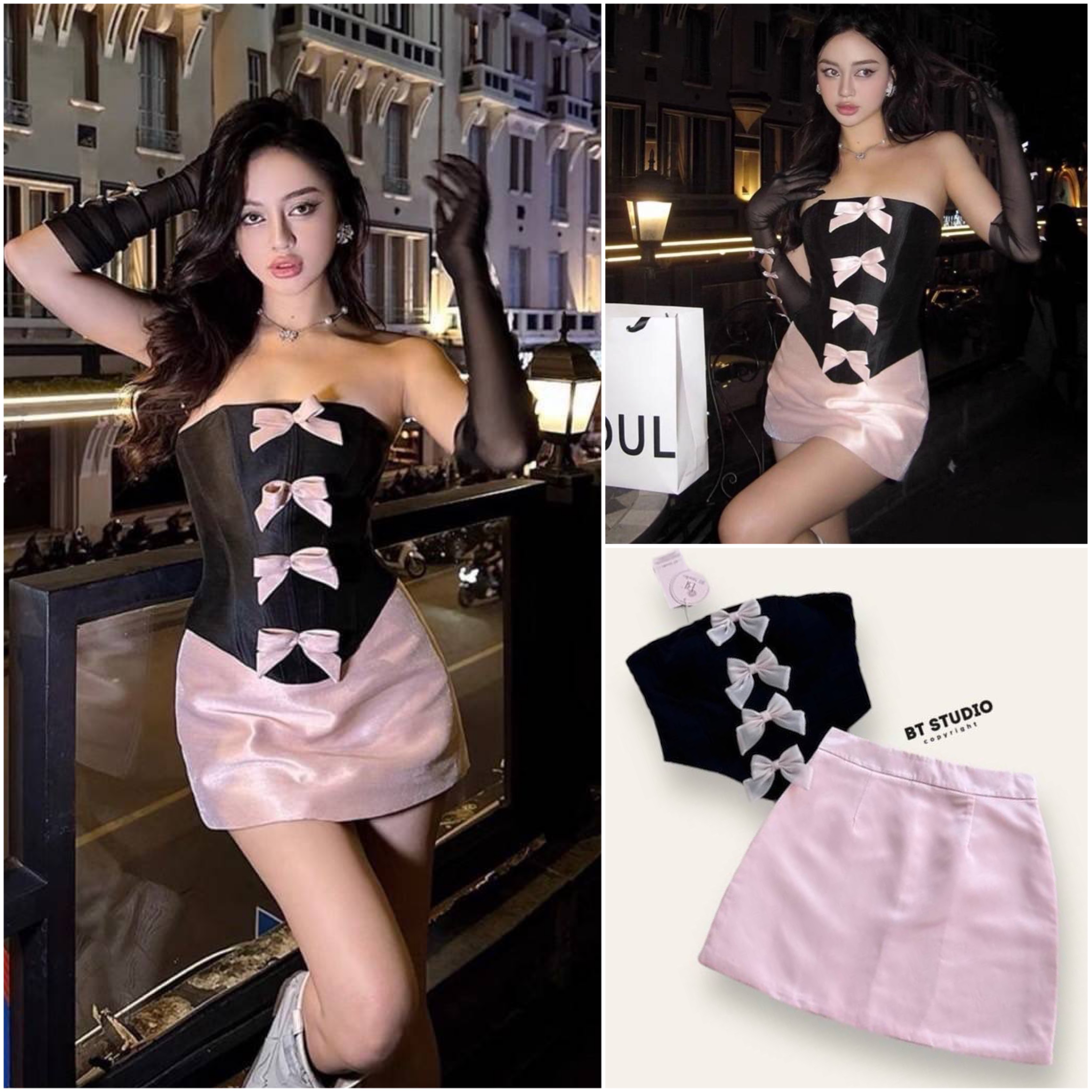 เซท 2 ชิ้น เสื้อครอปเกาะอกสีดำปลายชายแต่งเว้าสามเหลี่ยม อกเสริมฟองน้ำ มาพร้อมกระโปรงสั้นสีชมพู มีซับใน คัตติ๊งเป๊ะ สินค้าคุณภาพ (พร้อมส่ง)