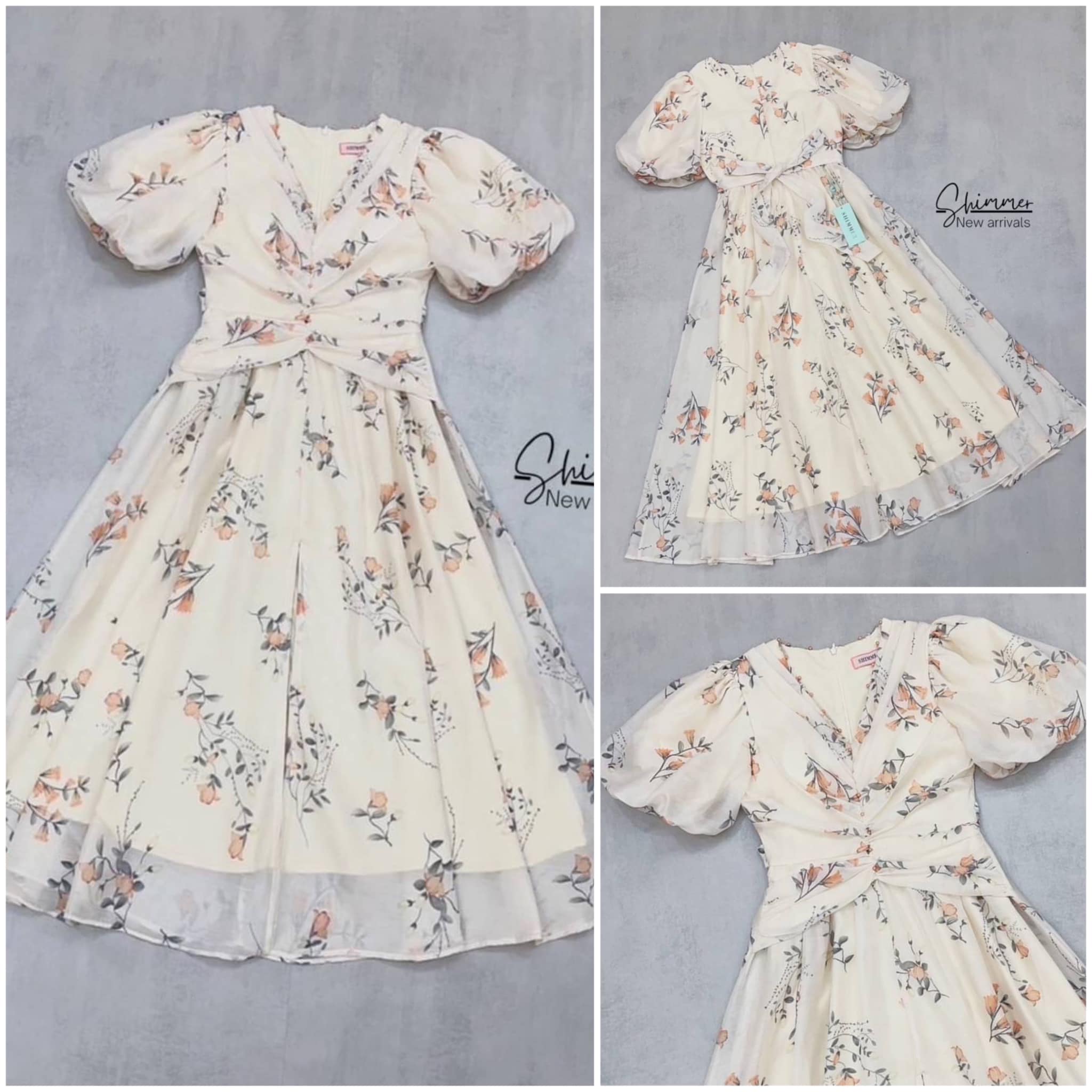 มิดี้เดรสลายดอกไม้พาสเทล แต่งคอด้วยลูกปัดดีเทลแน่นๆ สินค้าคุณภาพ (พร้อมส่ง)