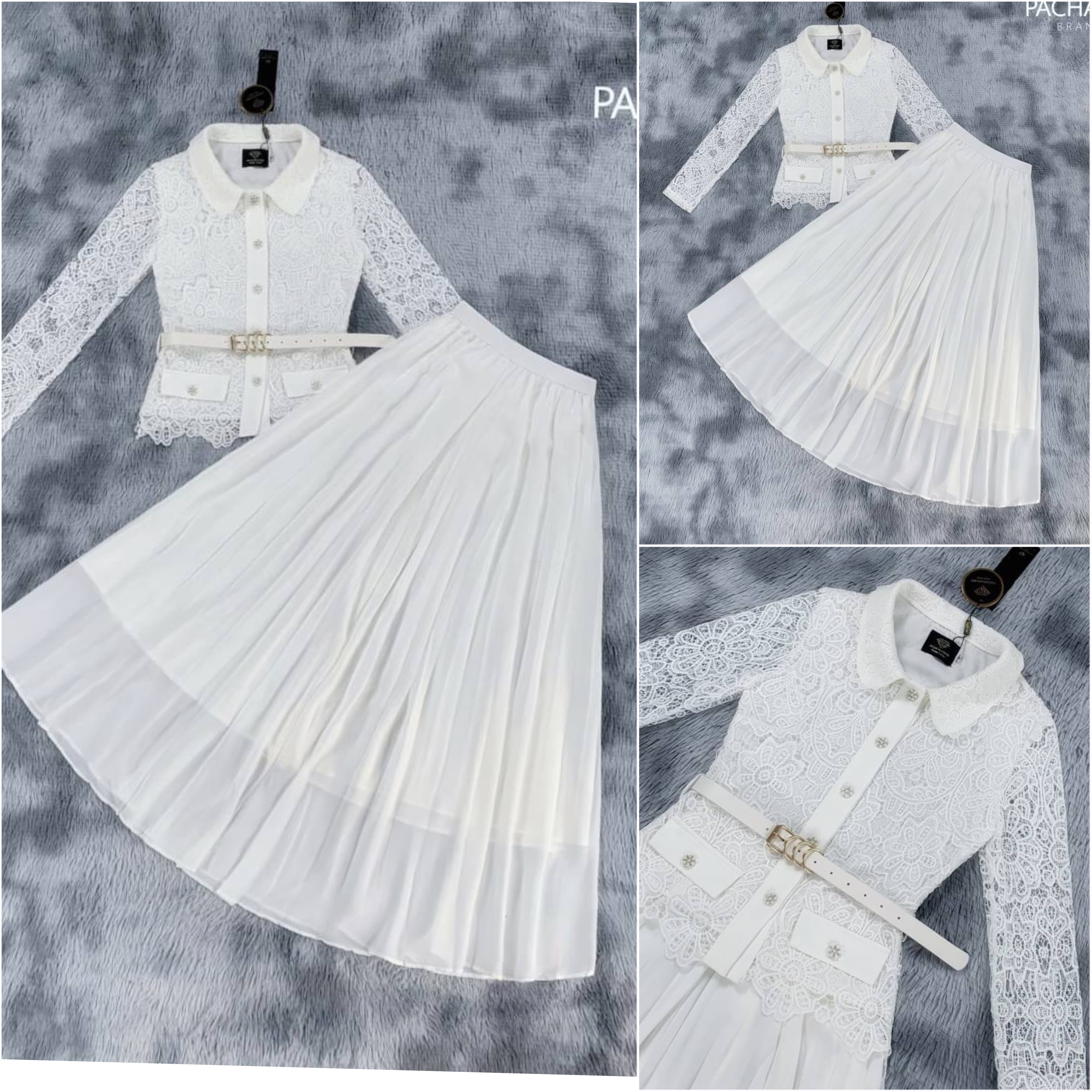 เซ็ต 3 ชิ้น เสื้อคอปกแขนยาวสีขาว เนื้อผ้าลูกไม้ทอฉลุลายสวยมาก แต่งกระดุมมุกด้านหน้า แมทช์คู่กับกระโปรงเอวสูงผ้าชีฟอง มีซับด้านในยาว มาพร้อมเข็มขัดหนังเข้าชุด ใส่สบาย สินค้าคุณภาพ (พร้อมส่ง)