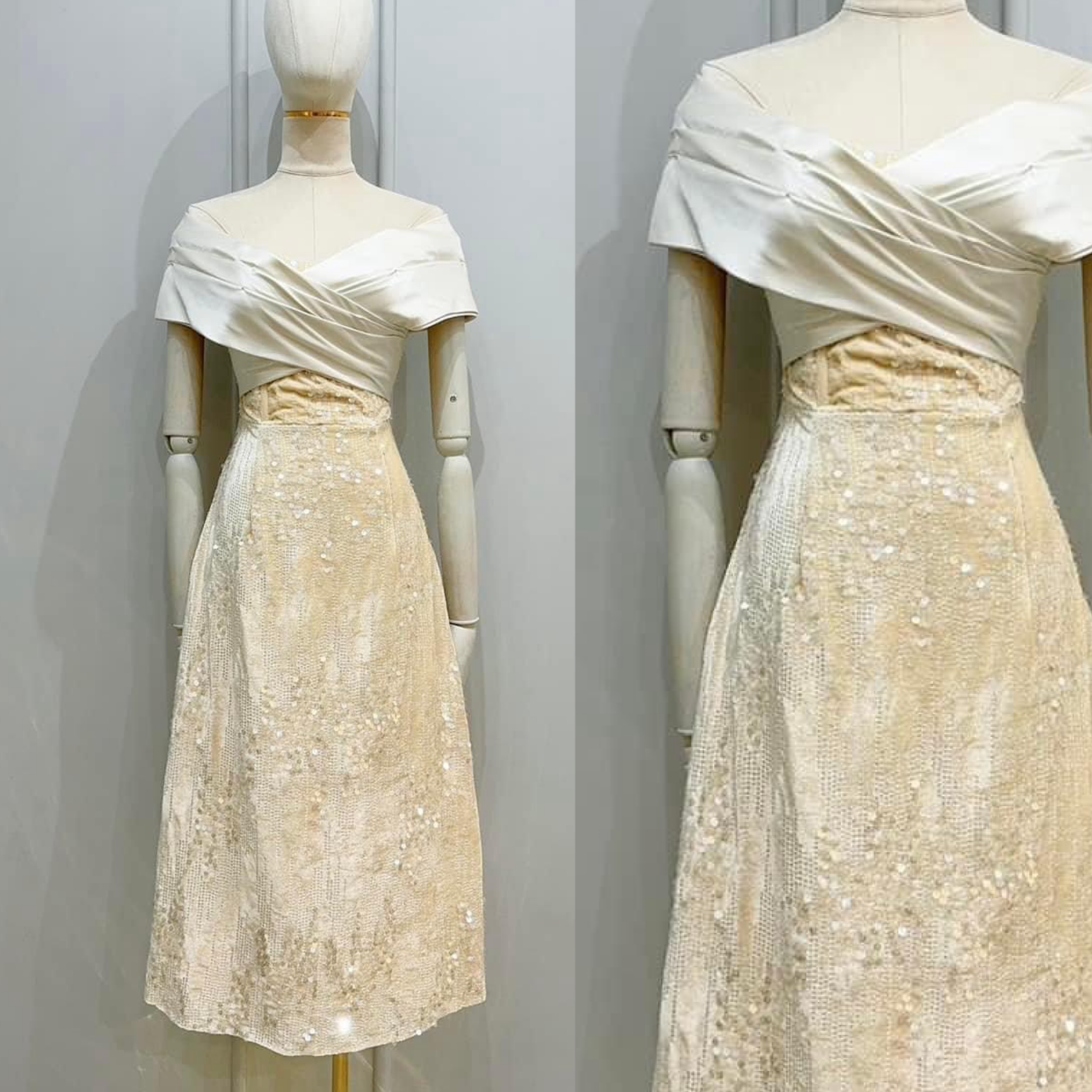 เดรสดีไซน์ปาดไหล่ ช่วงอก ตัดต่อผ้าดีไซน์ไขว้อก เสริมฟองน้ำ ตัวเดรสใช้ เนื้อผ้าตกแต่งกลิตเตอร์ เนื้อผ้ามีเทจเจอร์ในตัว เนื้อผ้าเกรดพรีเมี่ยมทั้งตัว ดีไซน์กระโปรงทรงเอ งานมีซับใน ซิปหลัง ใส่สบาย : สินค้าคุณภาพ (พร้อมส่ง)