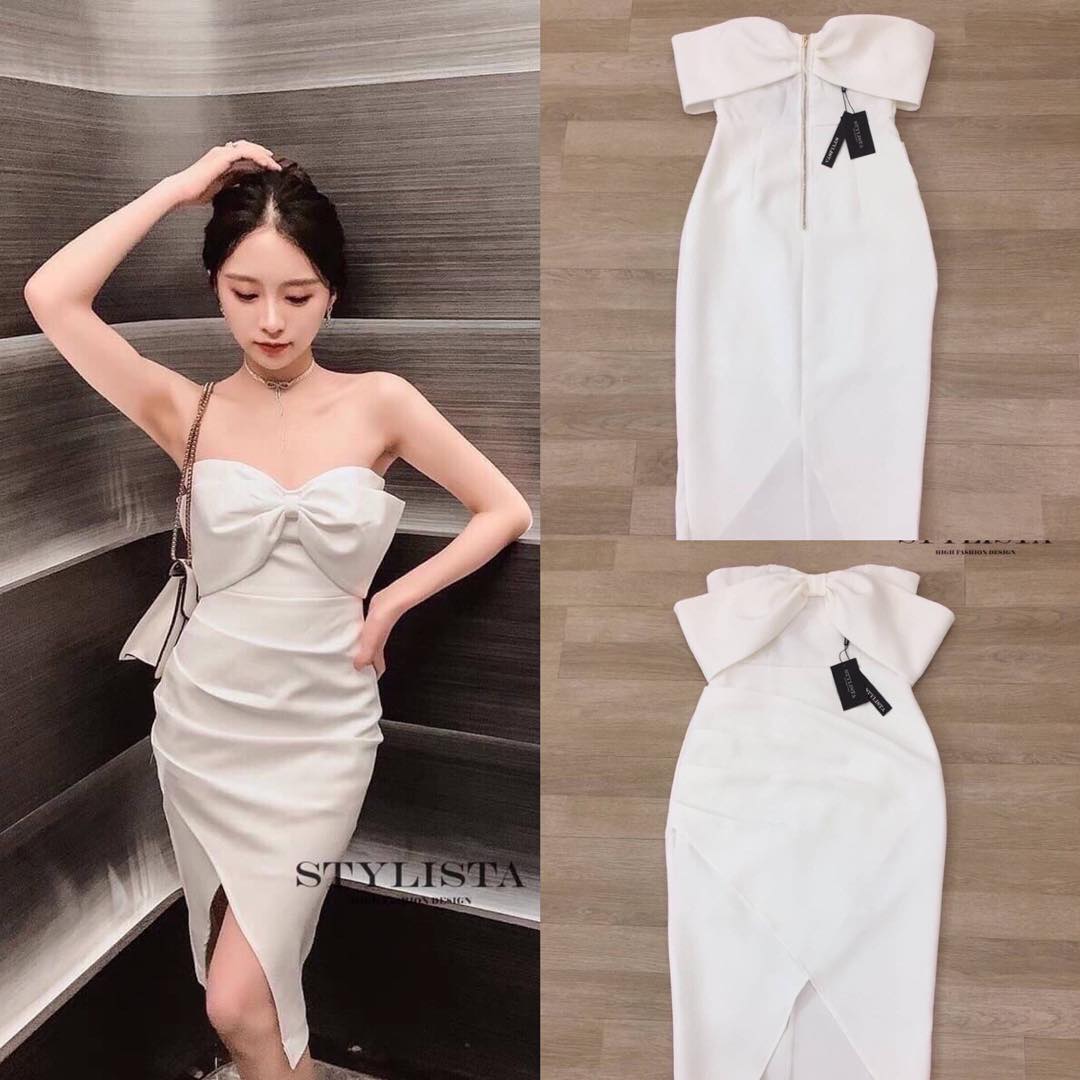 เดรสทรงพอดีตัว แต่งโบว์ใหญ่ คลุมไหล่ ใส่สวยมาก ดูดีเหมือนเซเลปเลยค่ะ สวยเปะเวอร์ สินค้าคุณภาพ (พร้อมส่ง)