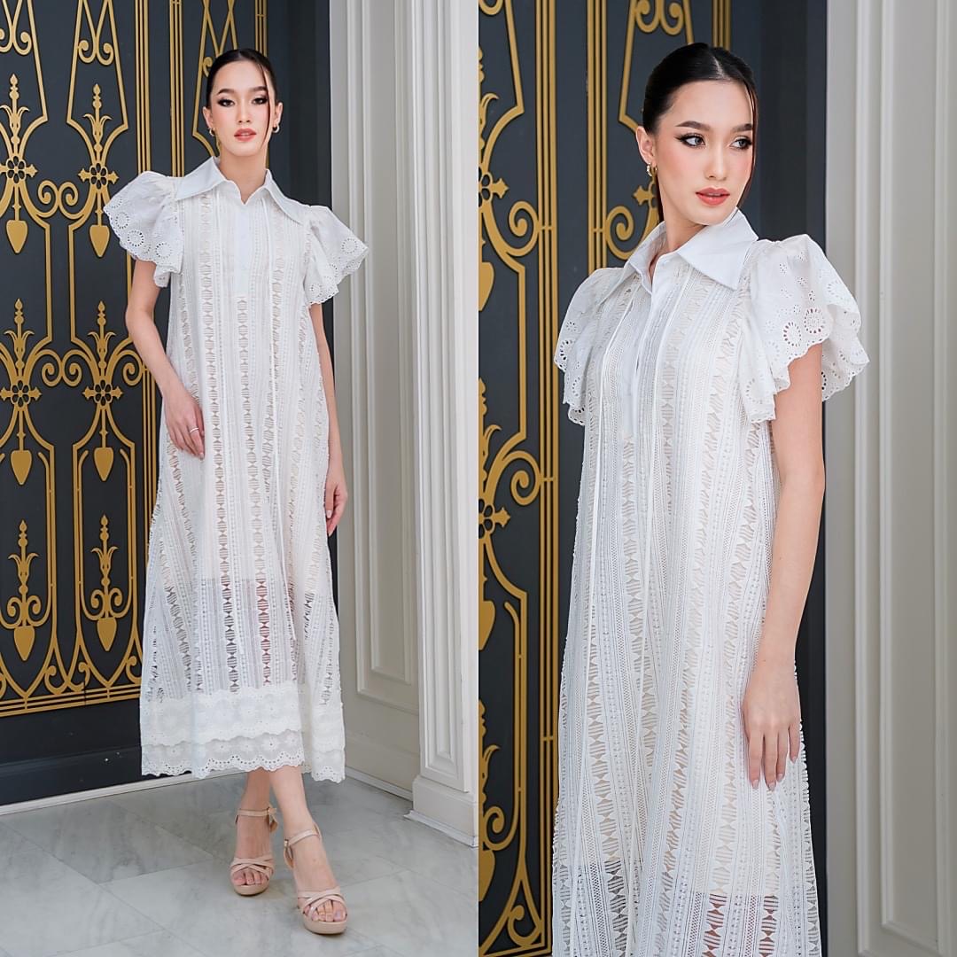 เดรสเสื้อคอปกแขนระบาย กระโปรงทรงเอ แพทเทิร์นตัวหลวมใส่สบาย สินค้าคุณภาพ (พรอมส่ง)