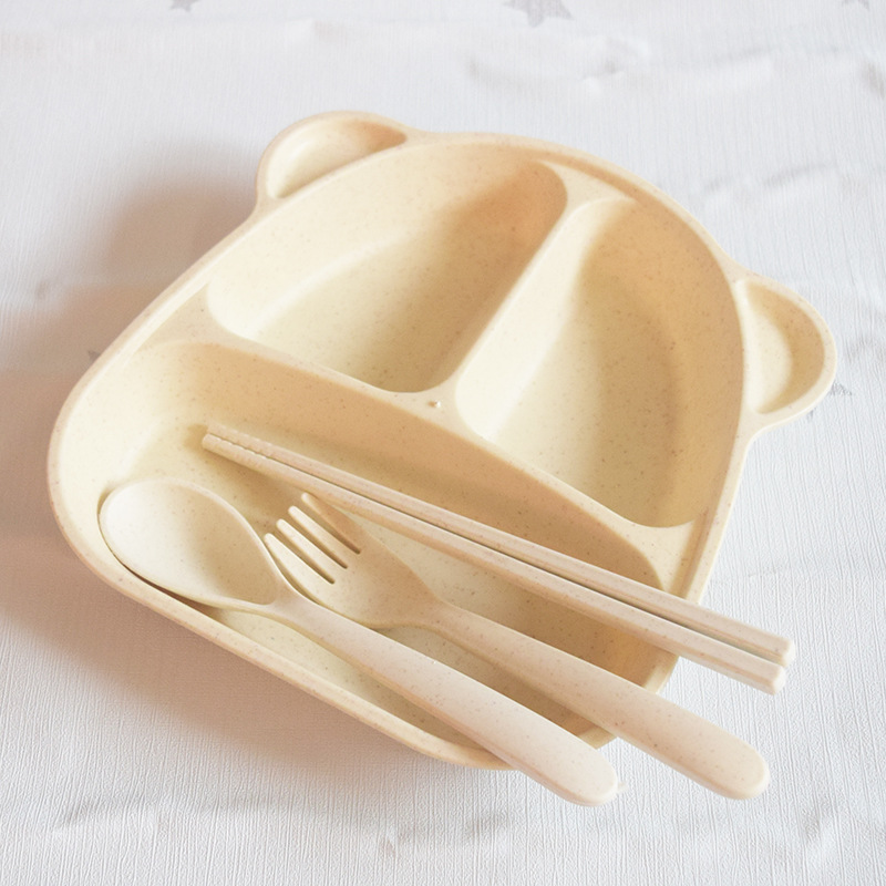 ถาดหลุมเด็กรูปหมี ชุดจานข้าวเด็กพร้อมช้อนส้อมและตะเกียบ จากฟางข้าวสาลี BPA-Free ปลอดสารพิษ