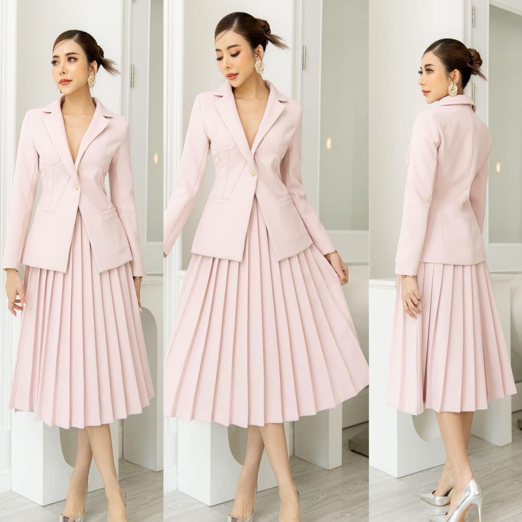 เซตBLAZER +กระโปรงจับจีบรอบ เนื้อผ้าเกรดเอ ตัวBLAZERเป็นทรง ข้ารูป มีกระเป๋า 2 ข้างใช้งาน ได้จริง มาคู่กับกระโปรงจีบจีบรอบตัว ใส่สบาย สินค้าคุณภาพ (พร้อมส่ง)