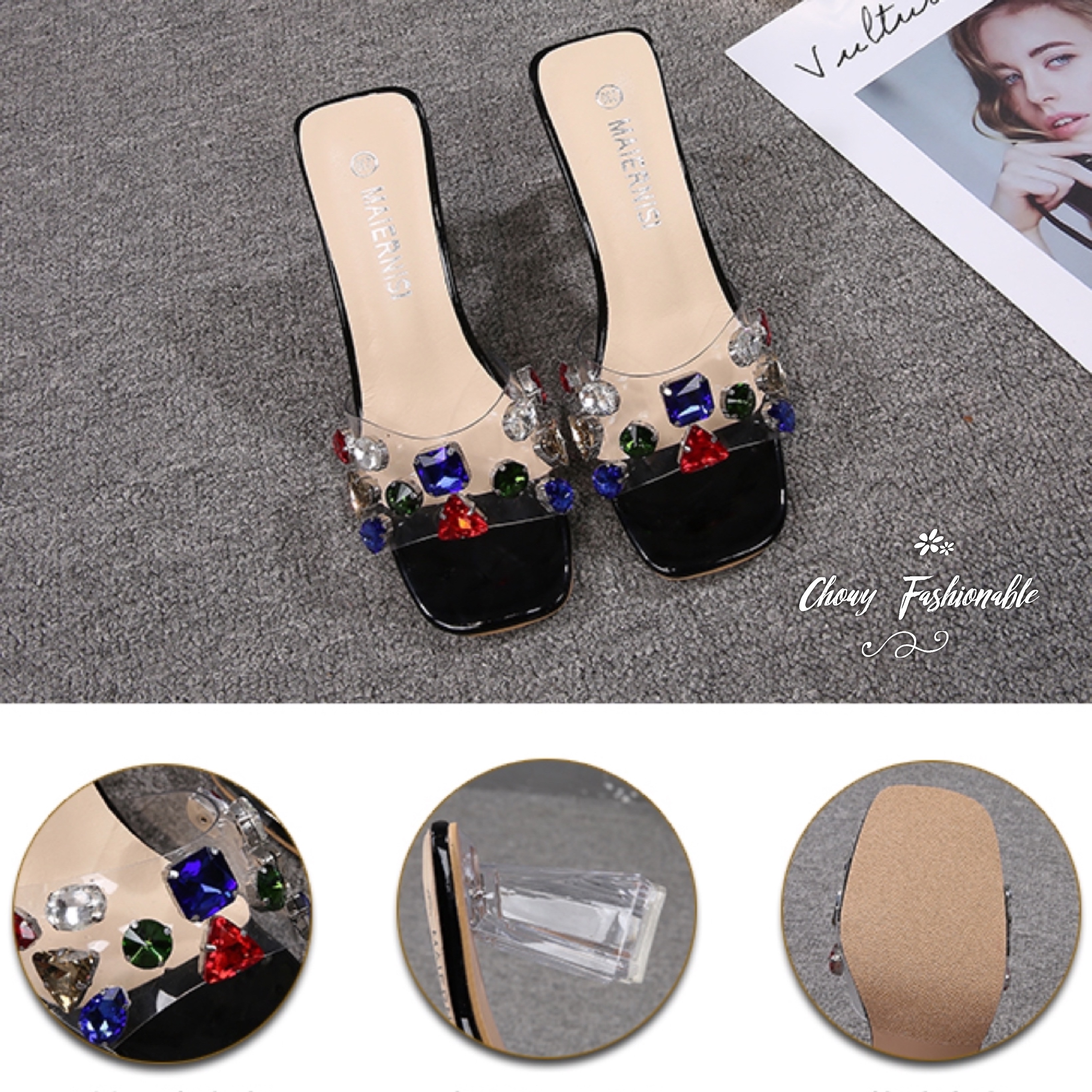 รองเท้าไซส์ใหญ่ 41-46 รองเท้าแตะส้นแก้วใส PU นิ่มใส คริสตอล เพชรเม็ดใหญ่ CHOWY KR1181