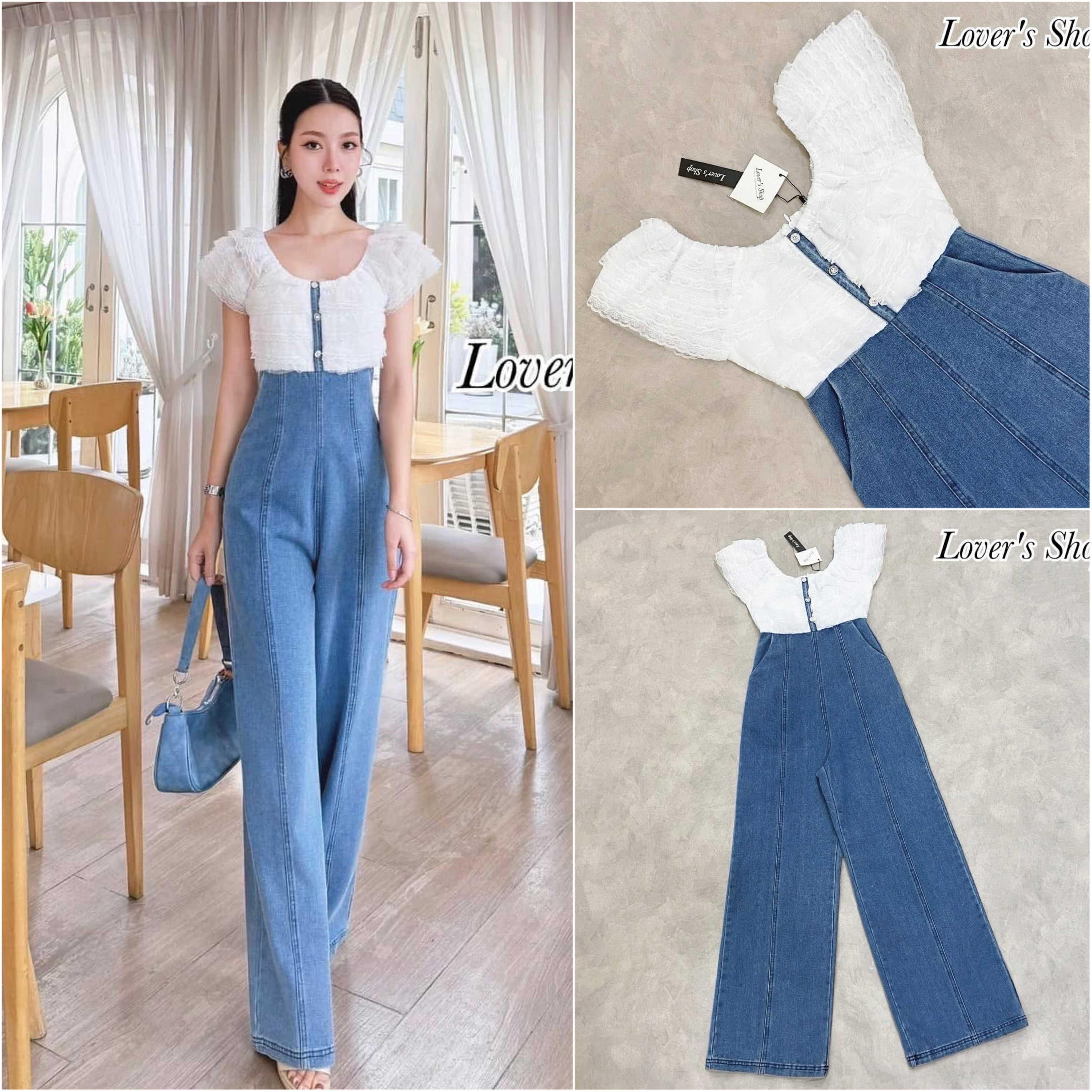 จั้มสูทยีนส์เสื้อลูกไม้ ทรงน่ารักดีเทลช่วงเสื้อใช้ผ้าลูกไม้เย็บระบายแต่งกระดุมเพชรช่วงกางเกงเป็นทรงเอวสูง ใส่แล้วแลดูขายาวหุ่นดี ทรงขากระบอกกลาง ใส่สบาย : สินค้าคุณภาพ (พร้อมส่ง)