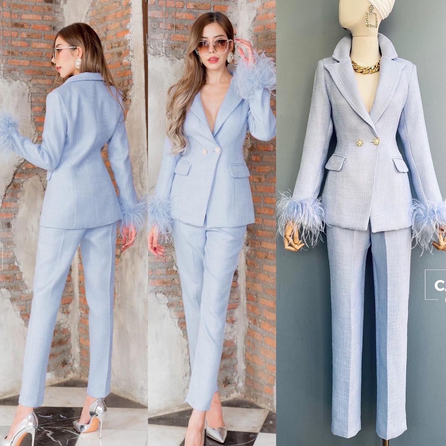 เซตBLAZER ผ้าทวีตแต่งขนนกแขน ตัวBLAZER เป็นทรงเข้ารูป แต่งกระดุมมุกด้านหน้า 2 จุด มีกระเป๋า 2 ข้าง โดดเด่นด้วยการนำ ขนนกมาแต่งที่ปลายขอบแขน มาคู่กับกางเกงเอวสูงทรงขากระบอก เล็ก : สินค้าคุณภาพ (พร้อมส่ง)