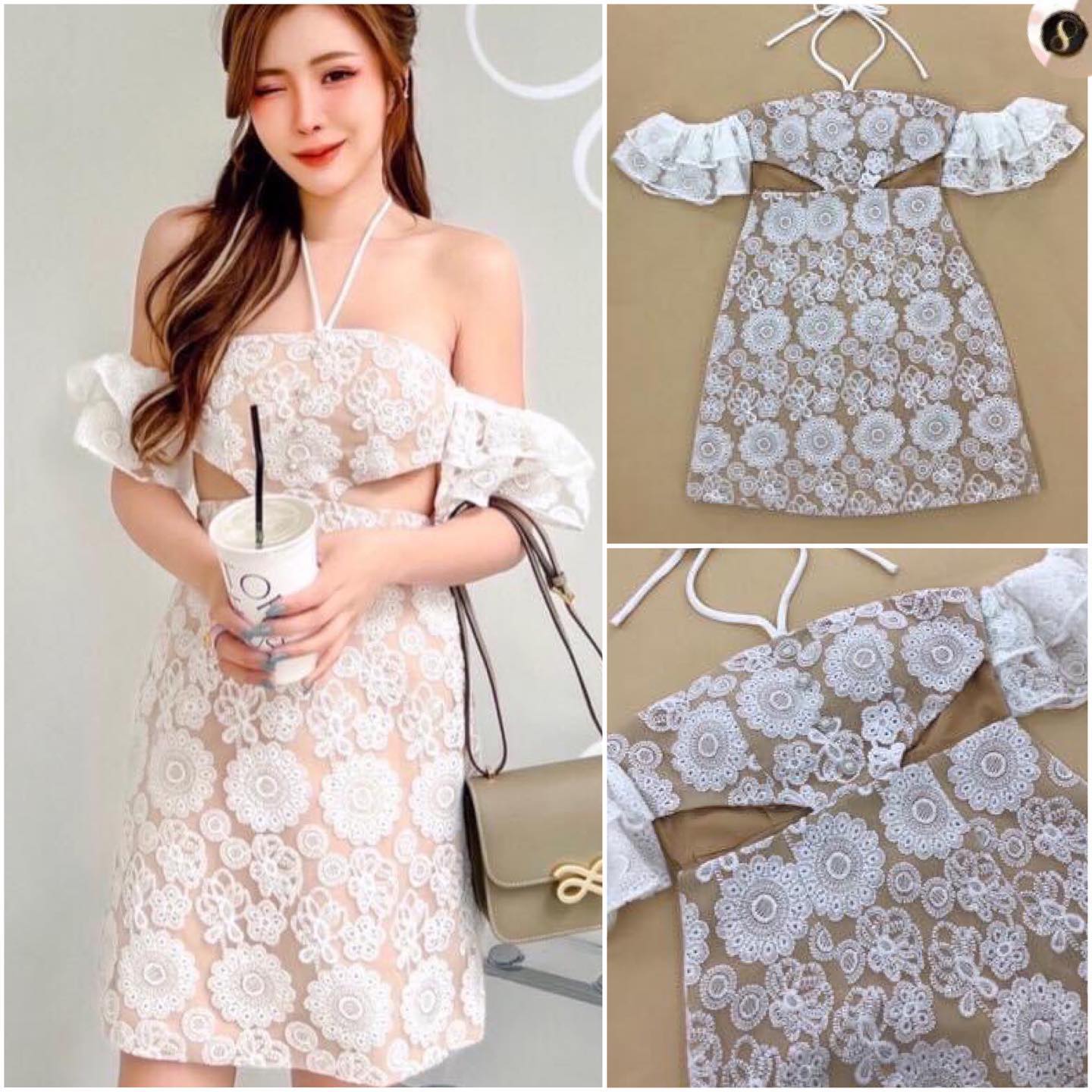 เดรสลูกไม้สายผูกคอ เว้าเอวทั้ง 2 ข้าง มีแขนห้อยใส่เป็นแขนตุ๊กตา สินค้าคุณภาพ (พร้อมส่ง)