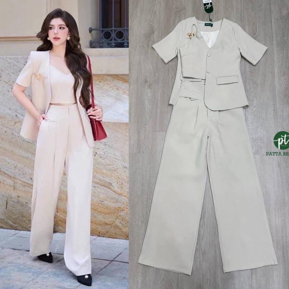 Set 3 ชิ้น สีครีม เสื้อครอปสายสปาเกตตี้ ตัวสั้น ( อกเสริมฟองน้ำ มีซิปด้านหลัง ) มาพร้อมกับ เสื้อเบลเซอร์แขนสั้น มีกระดุมหน้า และมีกระเป๋าล้วง ได้เก๋ๆมาคู่กางเกงขายาวยาวทรงกระบอกเล็ก ใส่สบาย : สินค้าคุณภาพ (พร้อมส่ง)