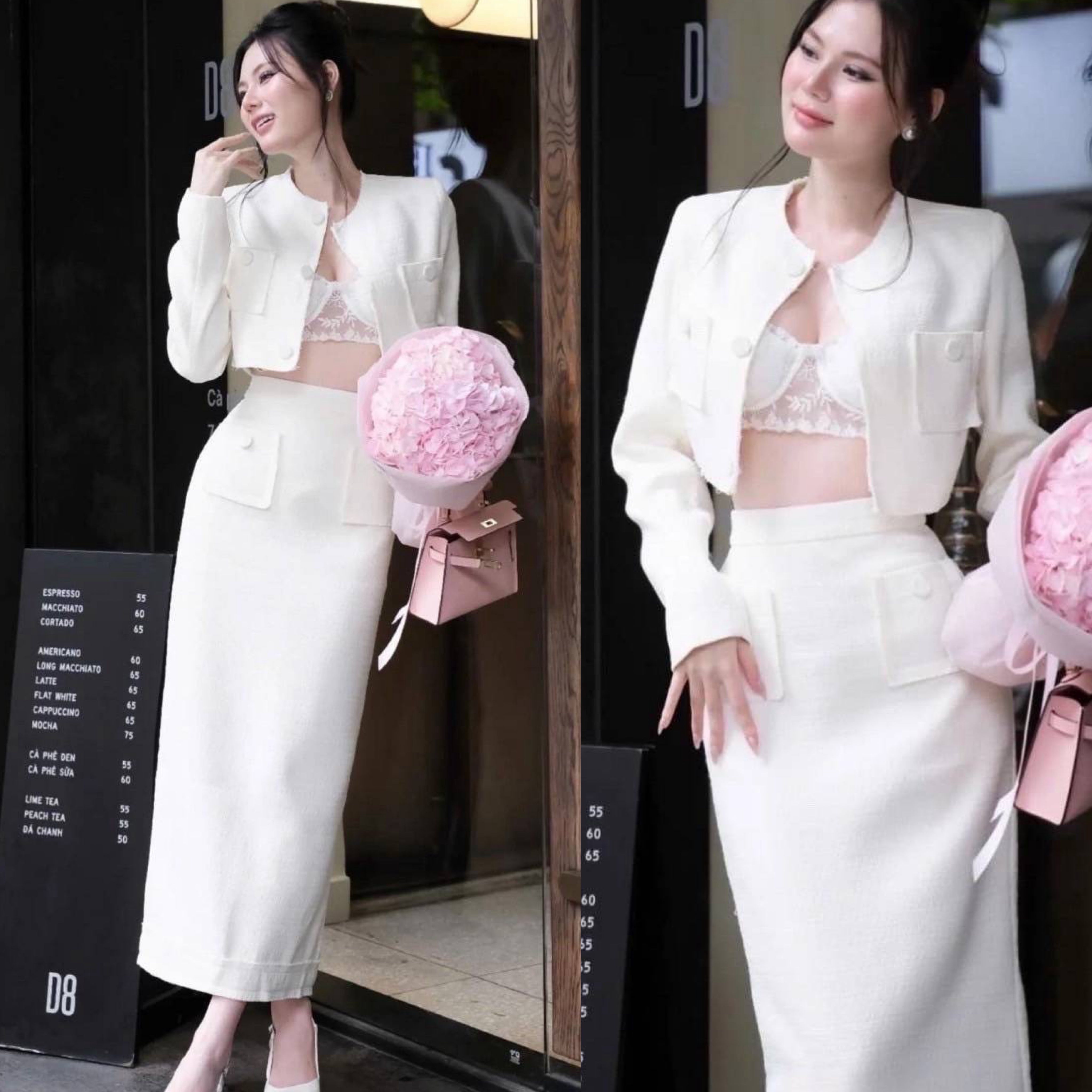 Set 3 ชิ้น สีครีม เสื้อครอปบรา ลูกไม้สีขาวสายสปาเกตตี้ มาพร้อมกับเสื้อคลุม ตัวสั้นคอกลมแขนยาว มีกระดุมหน้าใช้งานได้จริง มีกระเป๋าตรงอก และมาคู่กับกระโปรงยาวทรงสอบ เอวสูงซิปด้านหลัง เพิ่มความน่ารักด้วยกระเป๋าตรง สะโพกด้านหน้า และดีเทลผ่าหลัง ใส่สบาย : สินค