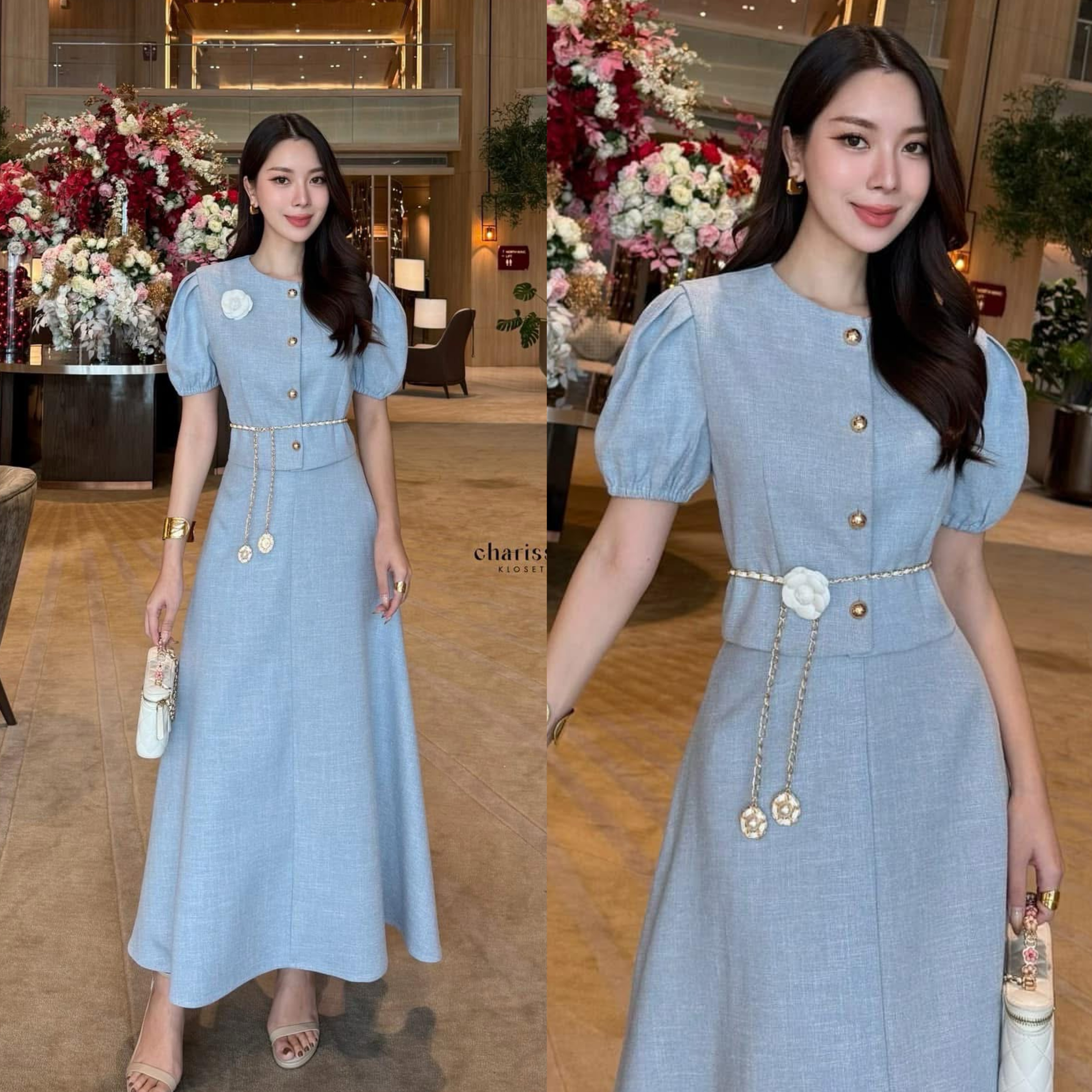 เซ็ทเสื้อแขนตุ้กตาน่ารักมาก แถมฟรีเข็มกลัดดอกไม้และเข็มขัดโซ่ ใส่สบาย : สินค้าคุณภาพ (พร้อมส่ง)