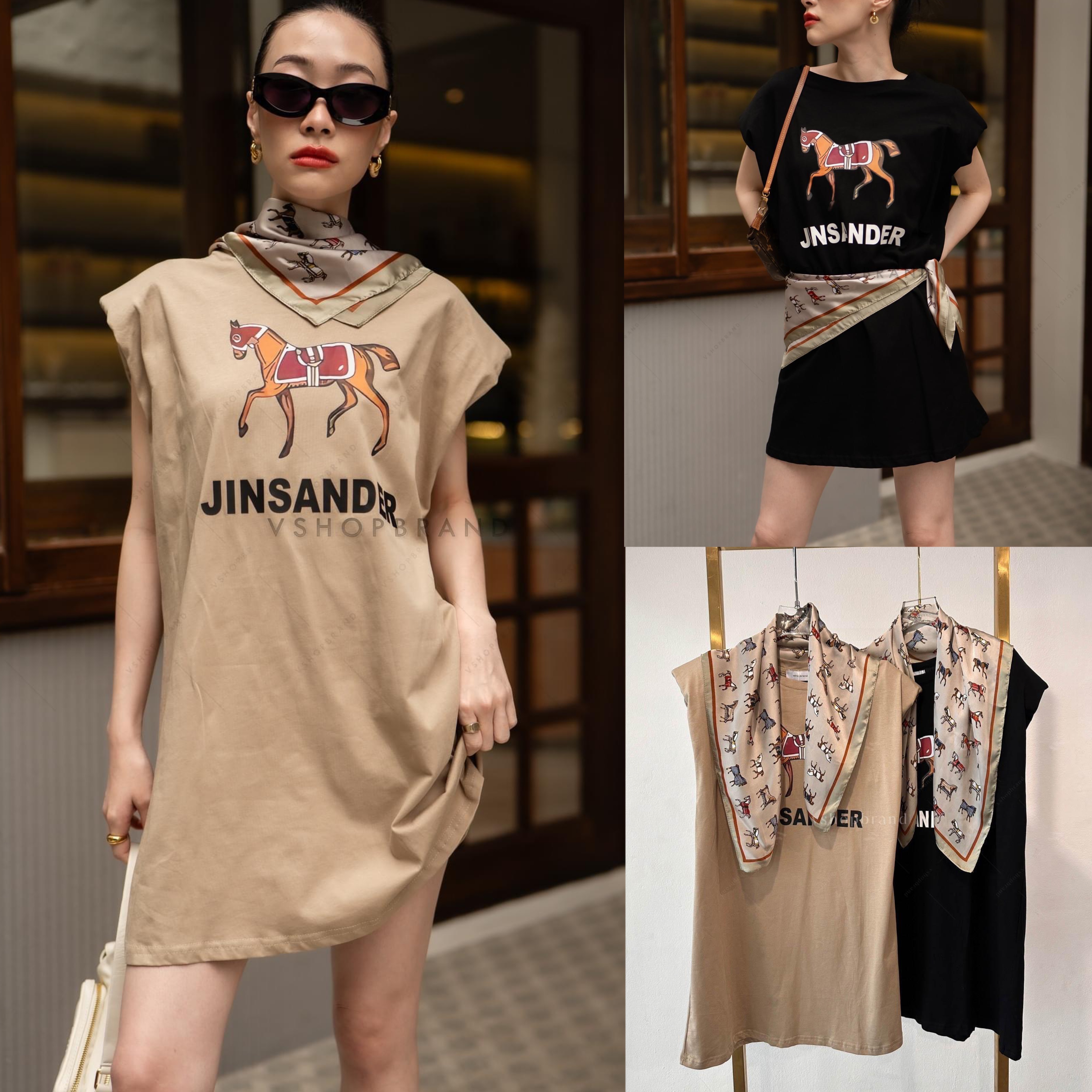 minidress แขนกุดเสริมบ่ารูปม้า + ผ้าพันคอ : สินค้าคุณภาพ (พร้อมส่ง)