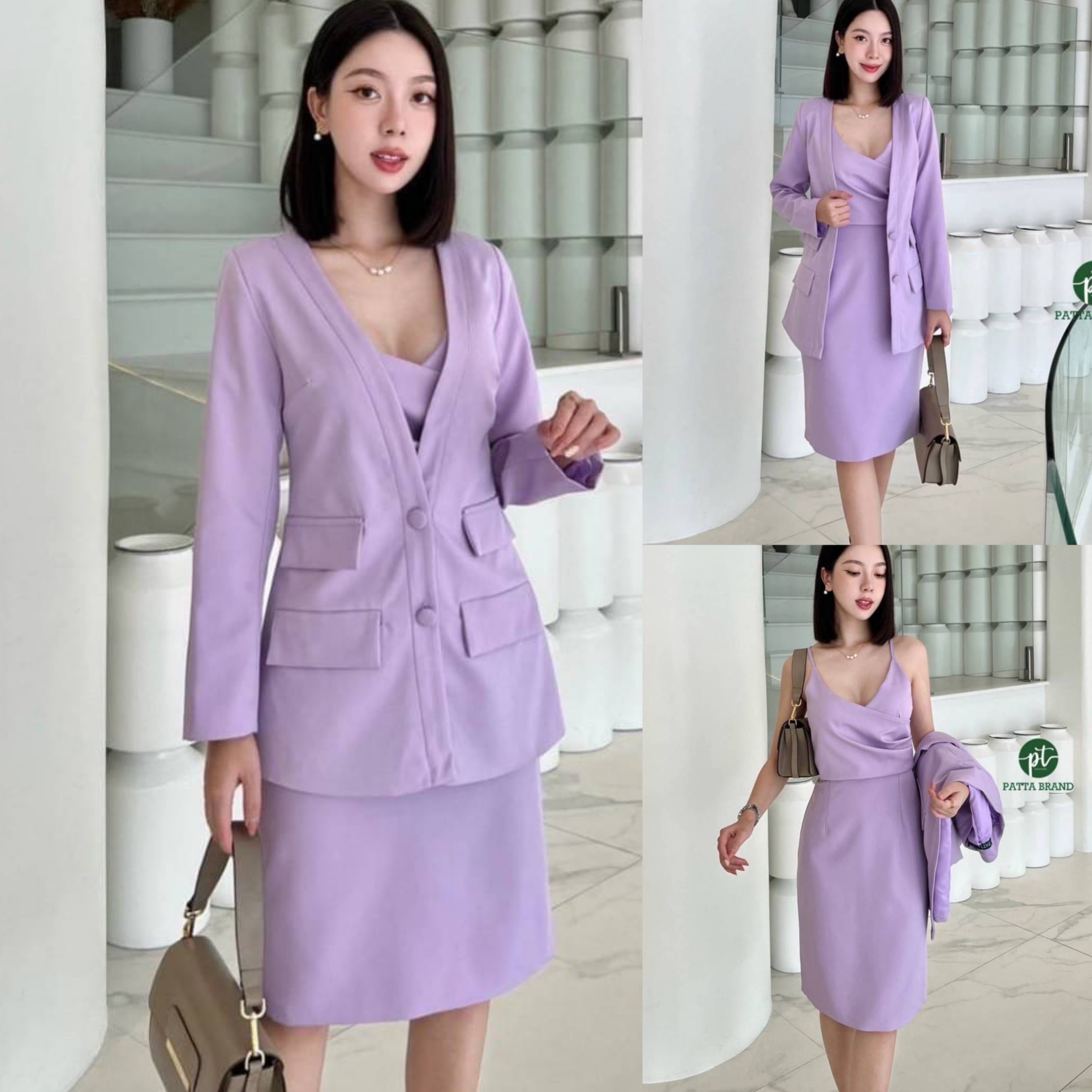 Setสูท 3 ชิ้น เสื้อคลุมแขนยาว+เสื้อครอปสายเดี่ยวอกเสริมฟองน้ำจับจีบข้าง+กระโปรงคุมเข่า ซิปหลัง/ดีไซน์ผ่าหลัง ทรงสวยเขารูปเป๊ะ สินค้าคุณภาพ (พร้อมส่ง)