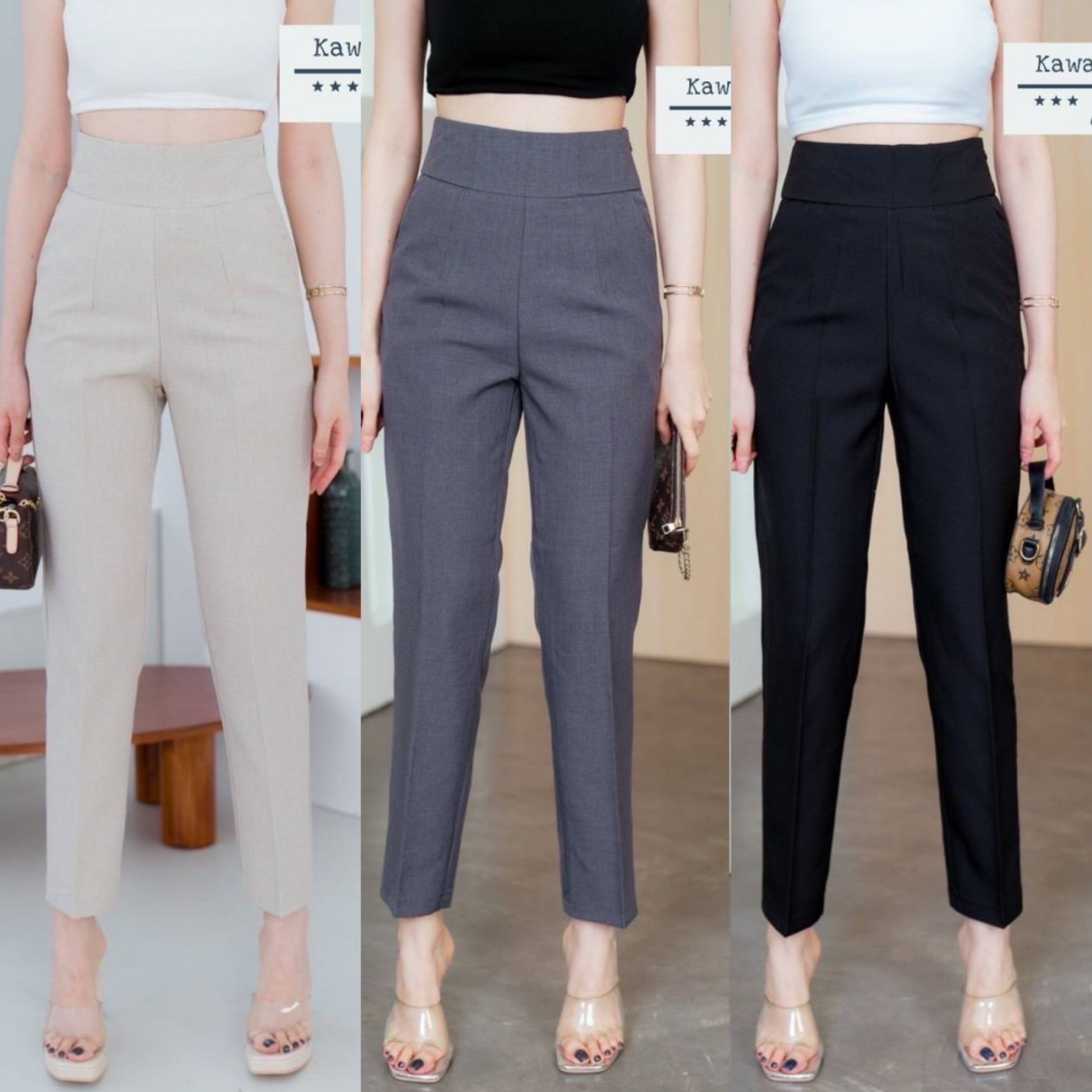 กางเกง*ขายาว8ส่วน ทรงขากระบอกเล็ก มีกระเป๋าข้าง ซิปข้าง ผ้าโซดา ใส่สบาย : สินค้าคุณภาพ (พร้อมส่ง)