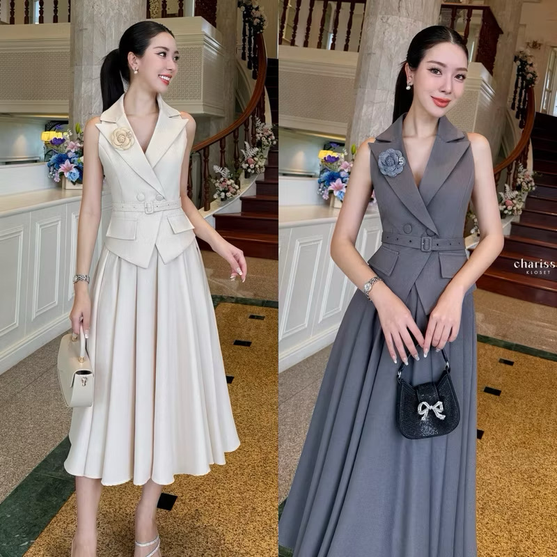 ชุดเซ็ท4ชิ้น เสื้อแขนกุด+กระโปรงยาว เข็มขัด และเข็มกลัดดอกไม้ ใส่สบาย : สินค้าคุณภาพ (พร้อมส่ง)