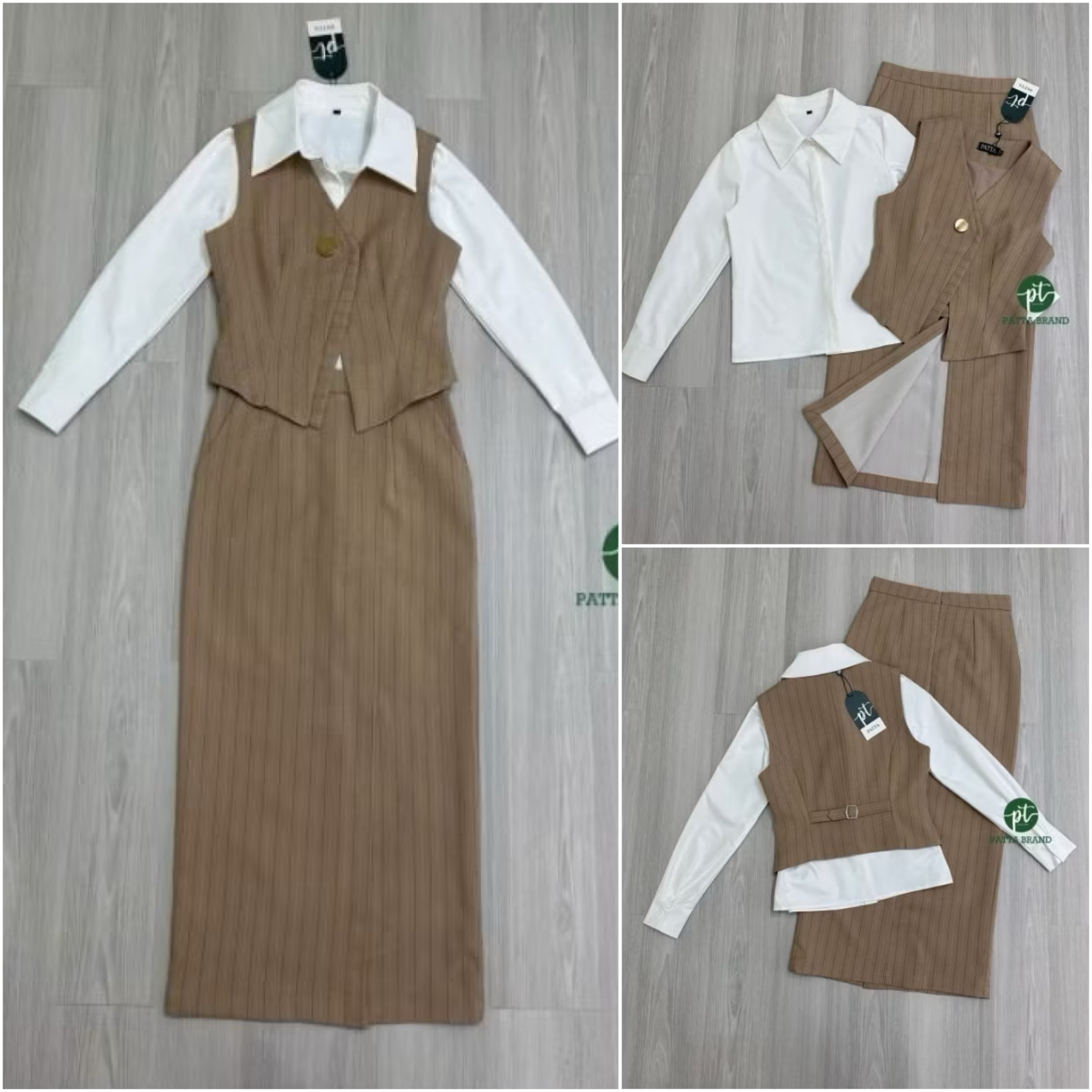 Set 3ชิ้ เสื้อกั๊กคอวีแขนกุดดีไซน์เฉียงเย็บ2ชั้นแต่งกระดุมหน้าใช้งานได้จริง ด้านหลังแต่งเข็มขัดปรับเข้ารูปให้ทรง มาคู่กับเสื้อเชิ้ตตัวในสีขาวมีกระดุมหน้า ดีไซน์เก๋ มาพร้อมกับกระโปรงยาวทรงตรงทรงสอบ ใส่สบาย : สินค้าคุณภาพ (พร้อมส่ง)