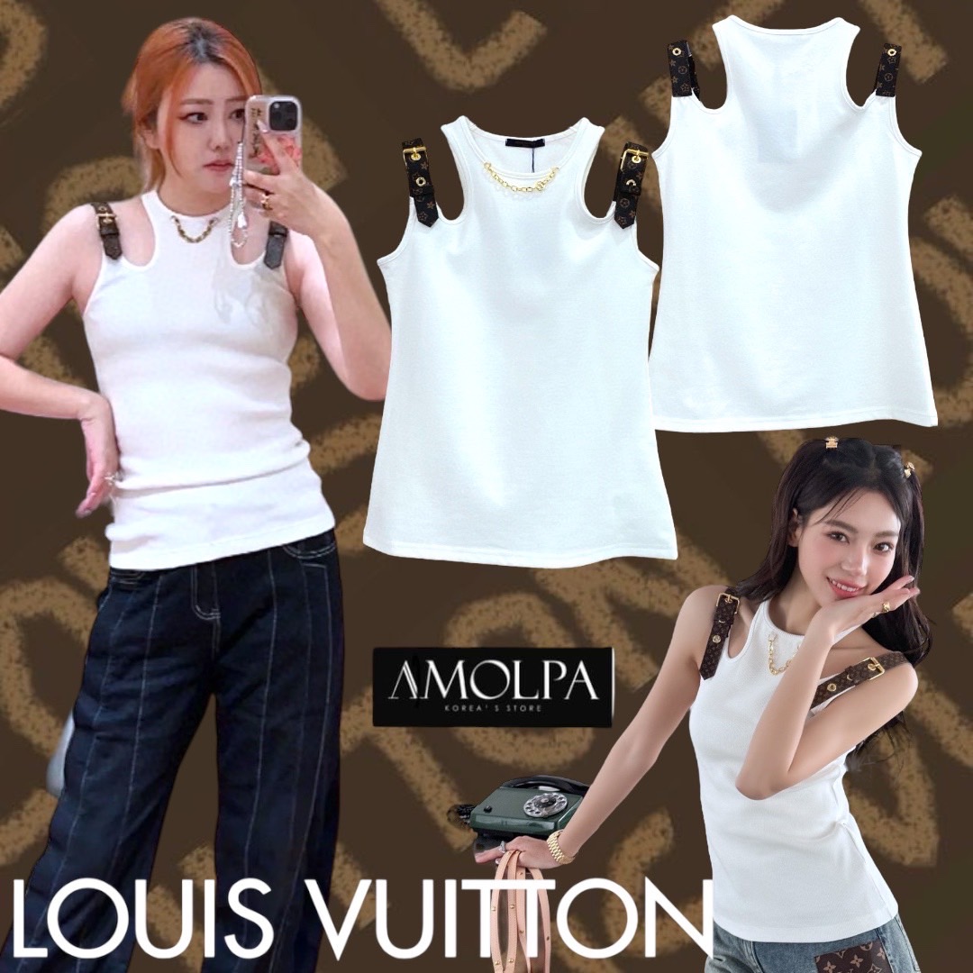 เสื้อกล้าม LV บ่าหนังMONOGRAMS แต่งอะไหล่สร้อยช่วงคอ เนื้อผ้าร่องผ้าอย่างดี ชนช๊อป งานสวย ใส่สบาย : สินค้าคุณภาพ (พร้อมส่ง)