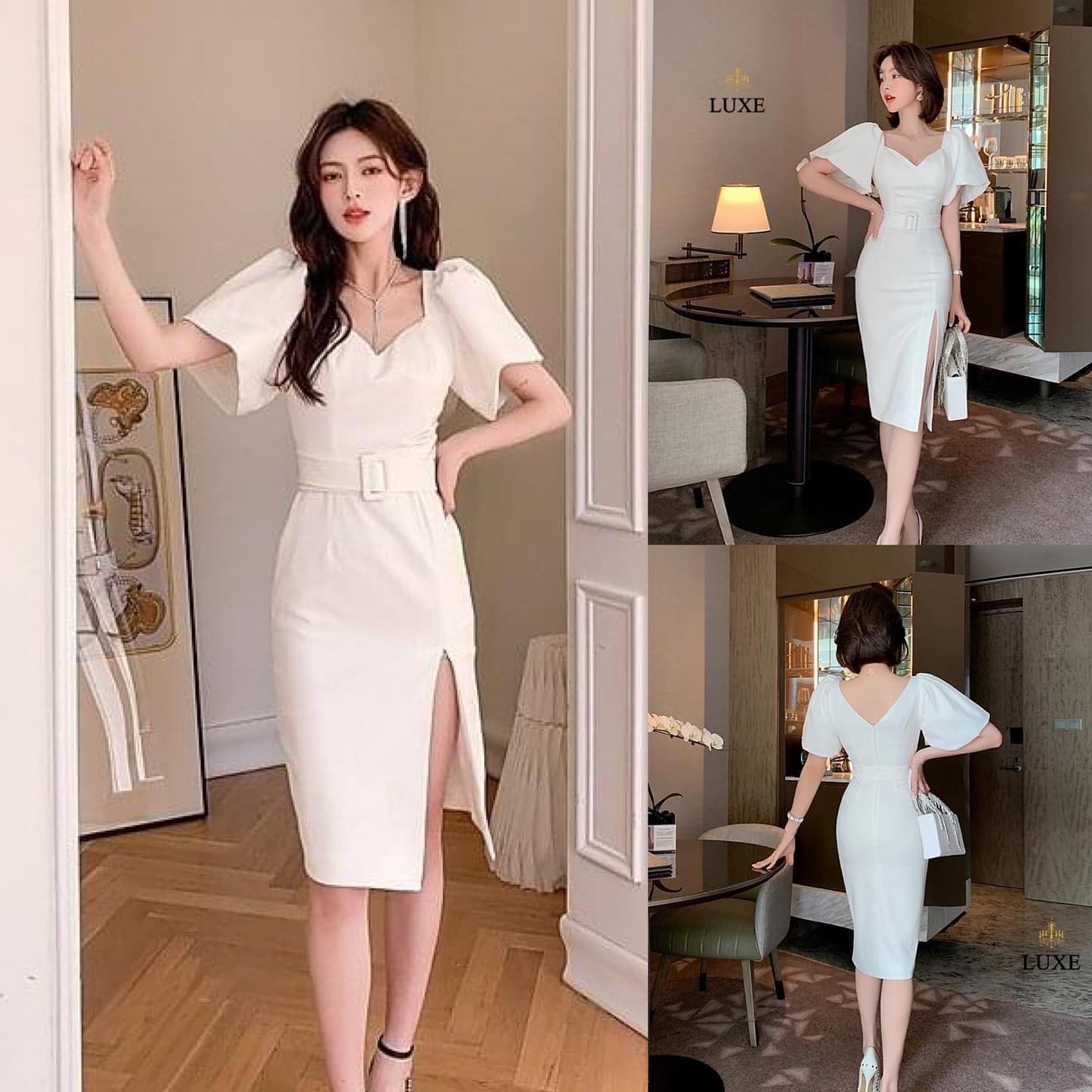 เดรสเสื้อคอเหลี่ยม ดีเทลป้ายจับเดรป ปลายแขนเสื้อบานกระดิ่ง กระโปรงทรง สอบผ่าหน้าขา ตัดเย็บประณีต มีซิปซ่อน และซับในเต็มตัว สินค้าคุณภาพ (พร้อมส่ง)