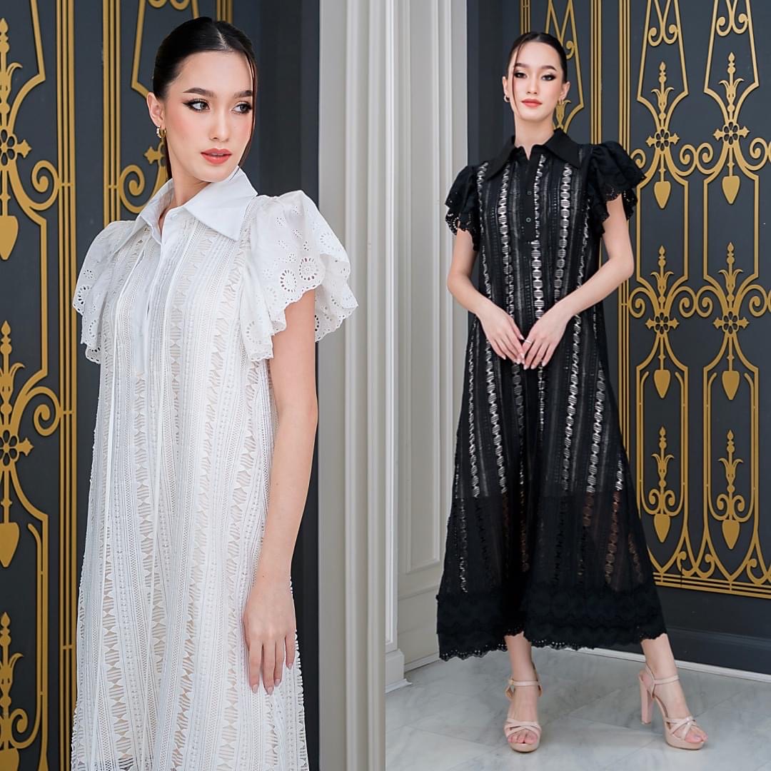 เดรสเสื้อคอปกแขนระบาย กระโปรงทรงเอ แพทเทิร์นตัวหลวมใส่สบาย สินค้าคุณภาพ (พรอมส่ง)