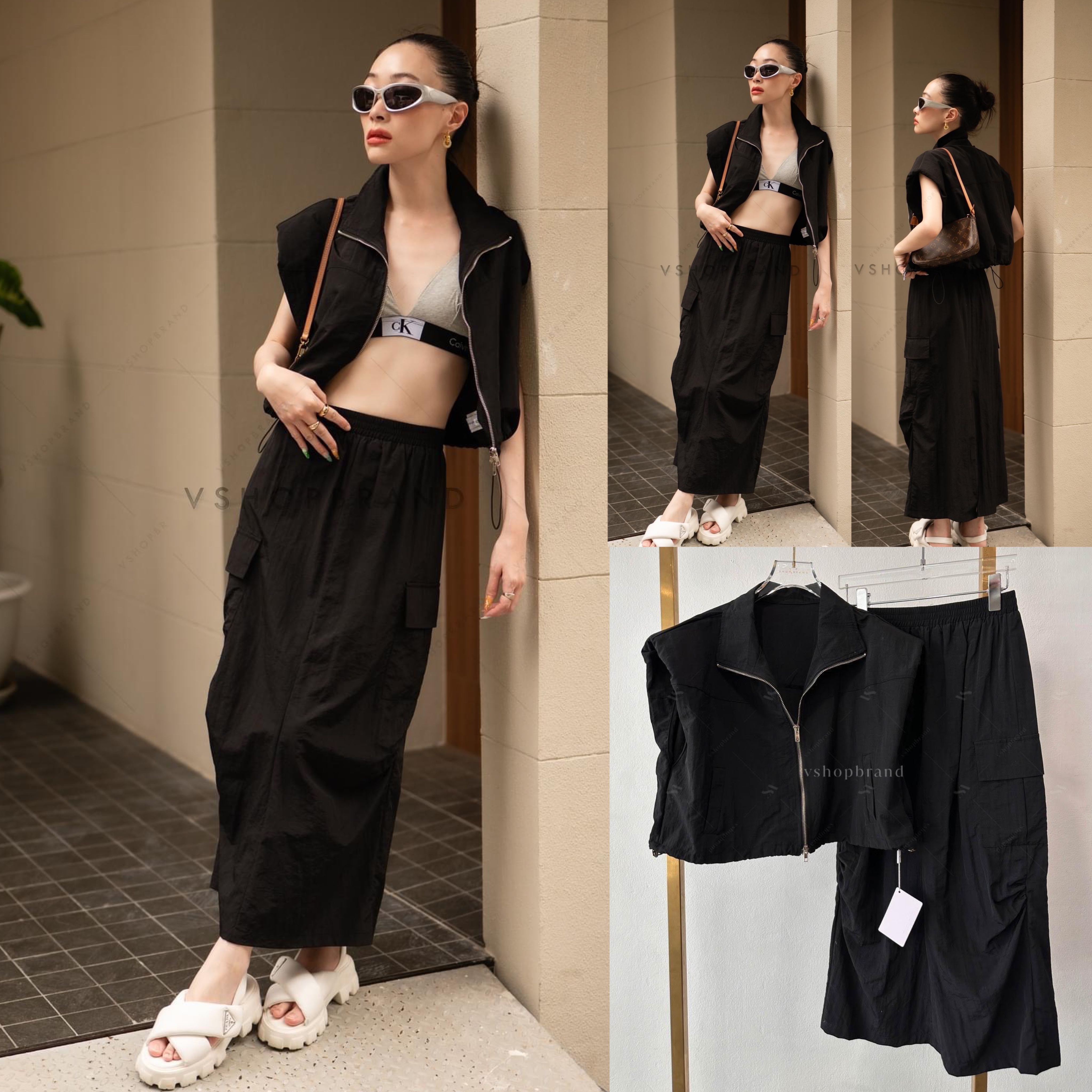 Set เสื้อแขนกุดเสริมบ่า + กระโปรงทรงคาร์โก้ สินค้าคุณภาพ (พร้อมส่ง)