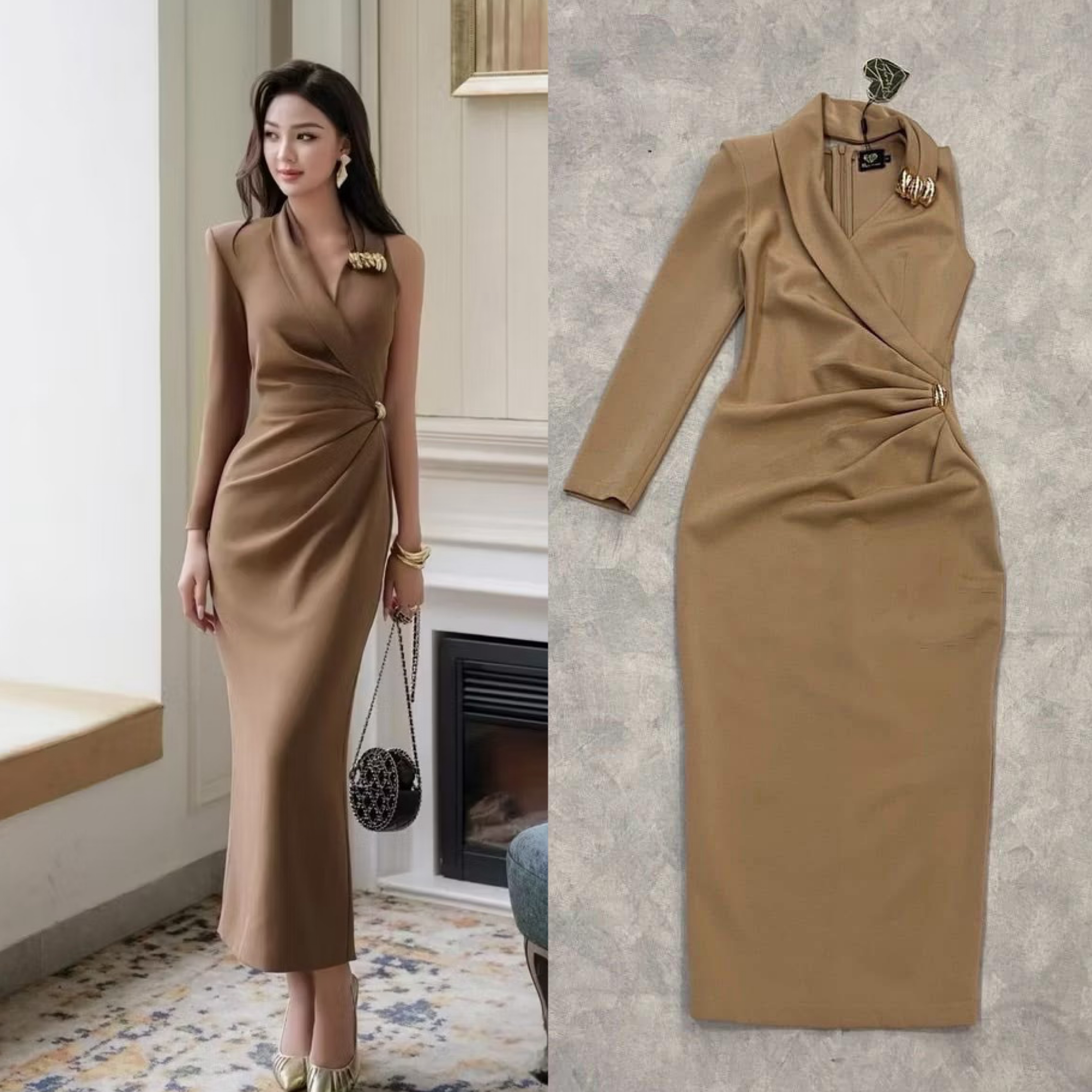 เดรสตัวยาวแต่งแขนยาวข้างนึง มาในโทนน้ำตาลแต่งอะไหล่ทอง สวย หรู ใส่สบาย : สินค้าคุณภาพ (พร้อมส่ง)