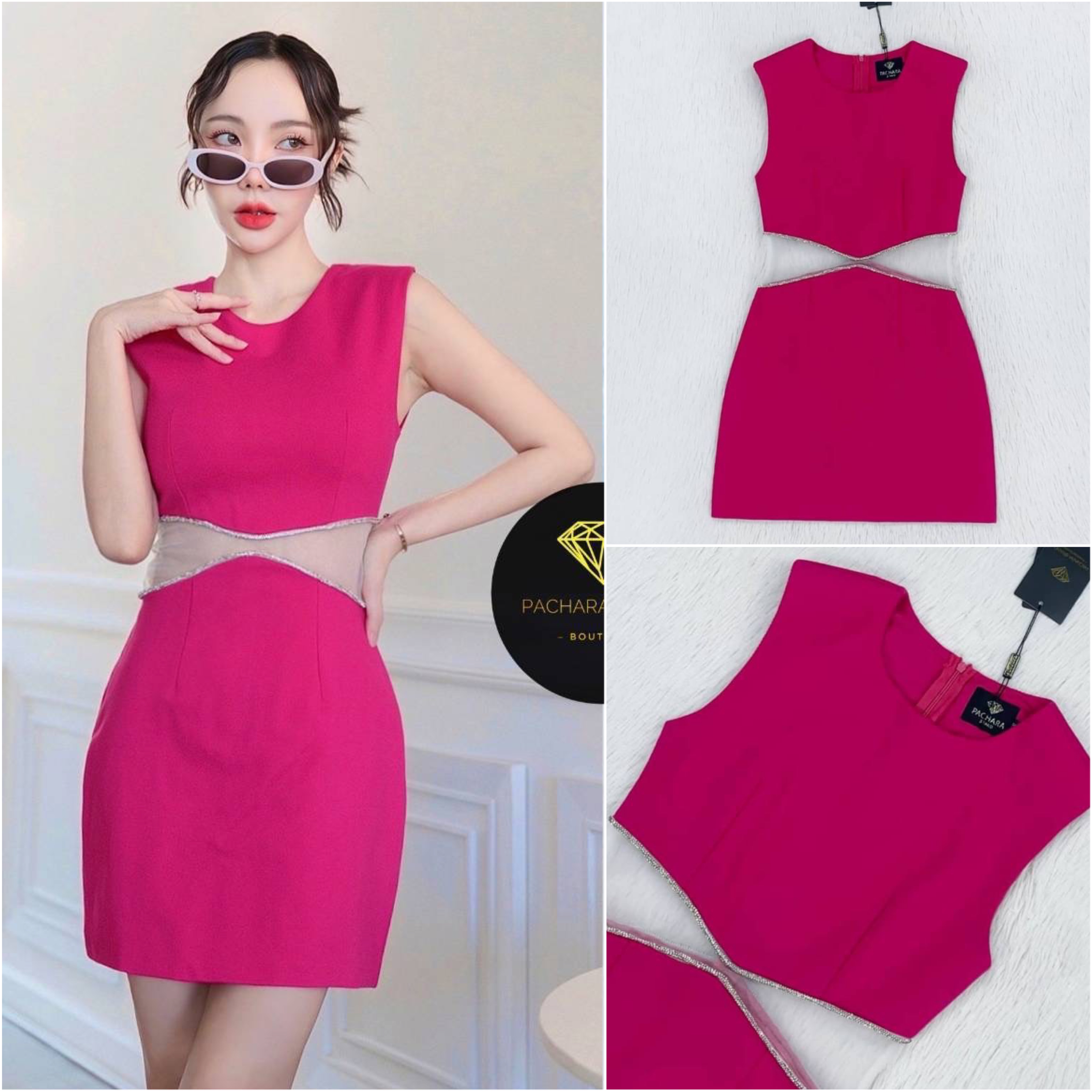 เดรสสั้นแขนกุด. ทรงเข้ารูป ช่วงเอวเว้าตัดต่อผ้าซีทรู ติดเพชรวิบวับสวยมาก สินค้าคุณภาพ (พร้อมส่ง)