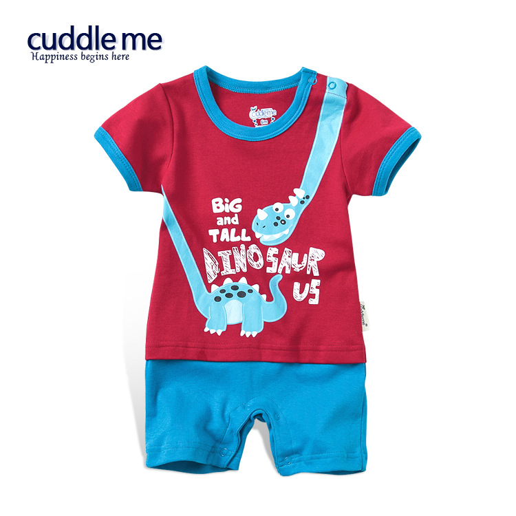 ชุดจั๊มสูทเด็ก แบรนด์แท้ Cuddle me ขนาด 6M, 9M, 12M ลายไดโนเสาร์ สีแดงสลับฟ้าสดใส