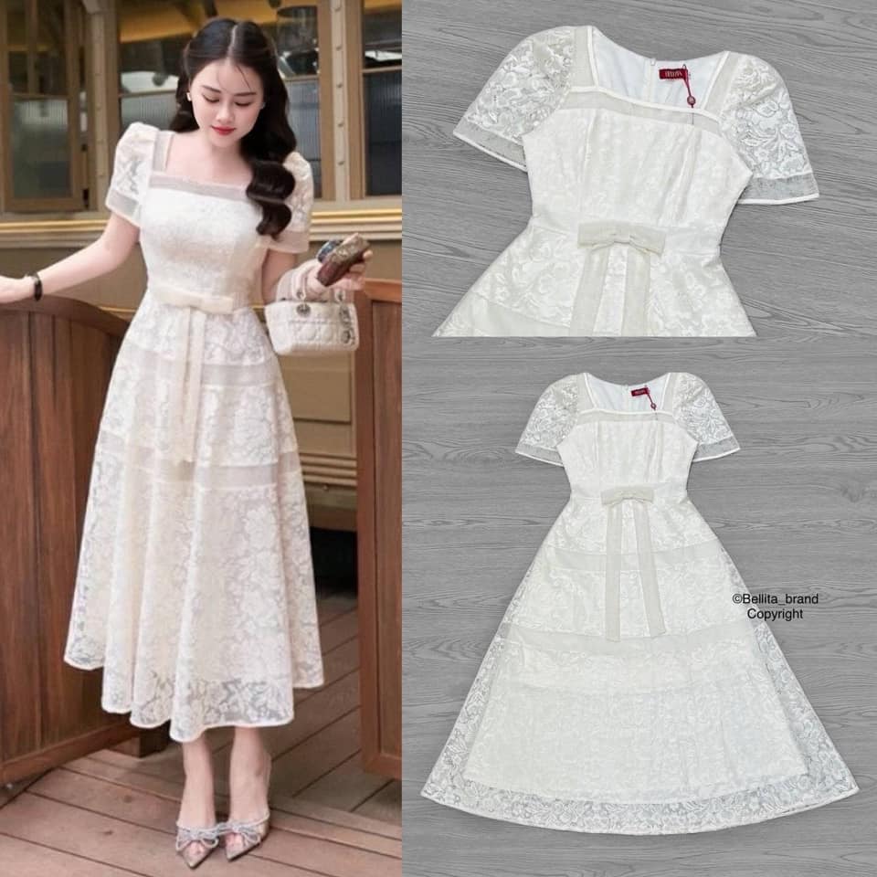 เดรสยาวผ้าลูกไม้นุ่มนิ่ม คอกว้างทรงสี่เหลี่ยม แขนสั้น อกและเอวเข้ารูป แต่งโบว์ที่เอว ใส่สบาย สินค้าคุณภาพ (พร้อมส่ง)