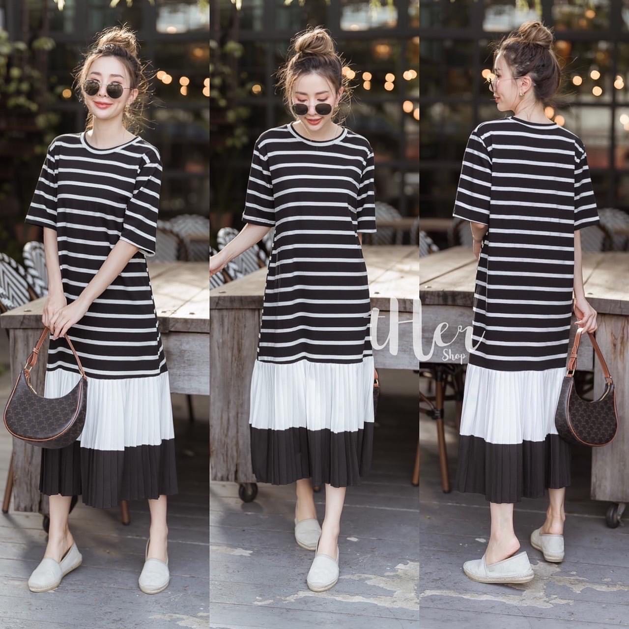 Long Dressเดรสคอกลมตัวยาวทรงสวย ดีเทลต่อชายระบายอัดพลีสใส่สบาย ใส่สวย ตัวเดียว ใส่เที่ยวใส่ชิวได้เลยค่ะ สินค้าคุณภาพ (พร้อมส่ง)