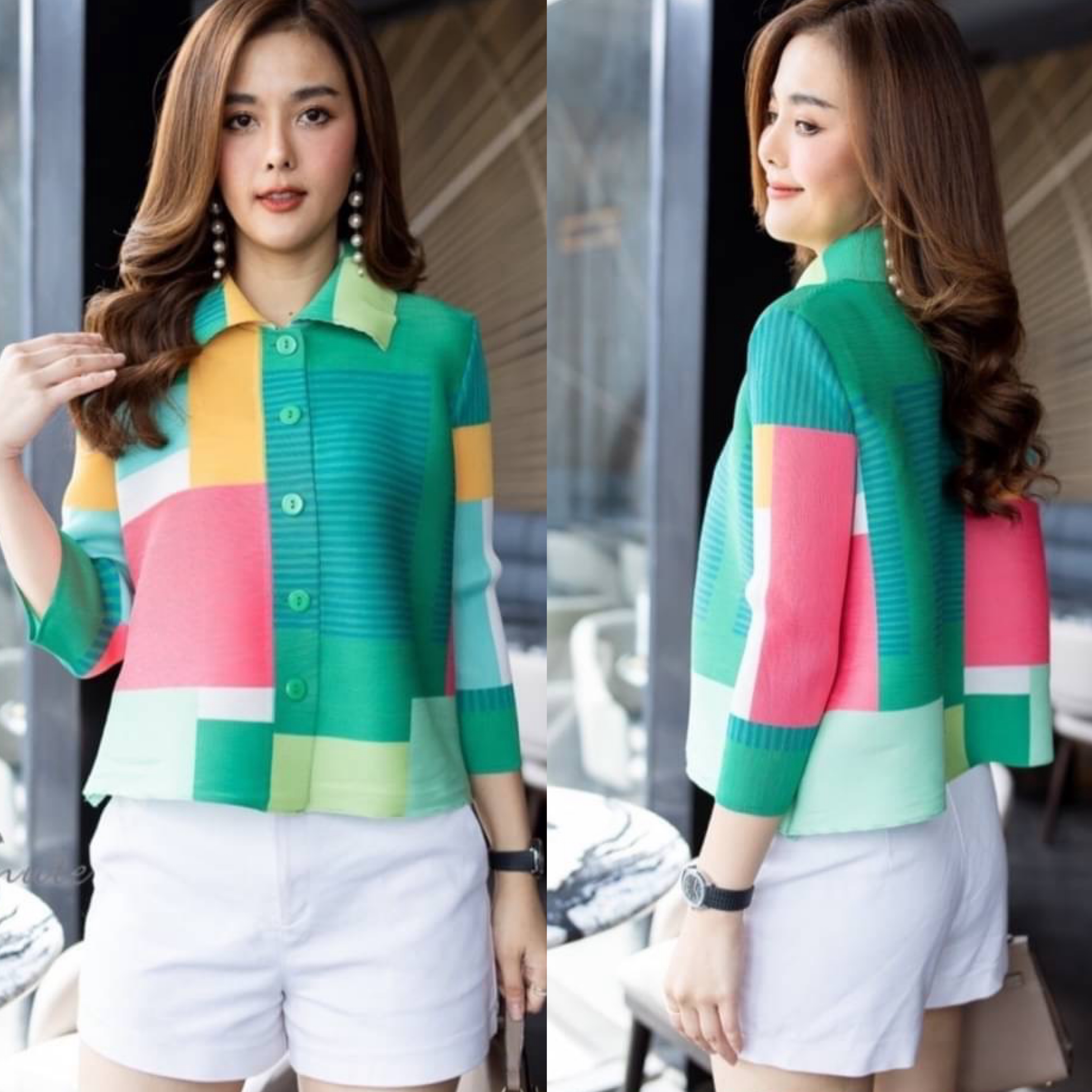 Cutie Minute เสื้อผ้าอัดพลีท Premium Pleated fabric ลวดลายกราฟฟิคผสมผสานสีสันทำออกมา ได้อย่างลงตัว ใส่สบาย : สินค้าคุณภาพ (พร้อมส่ง)