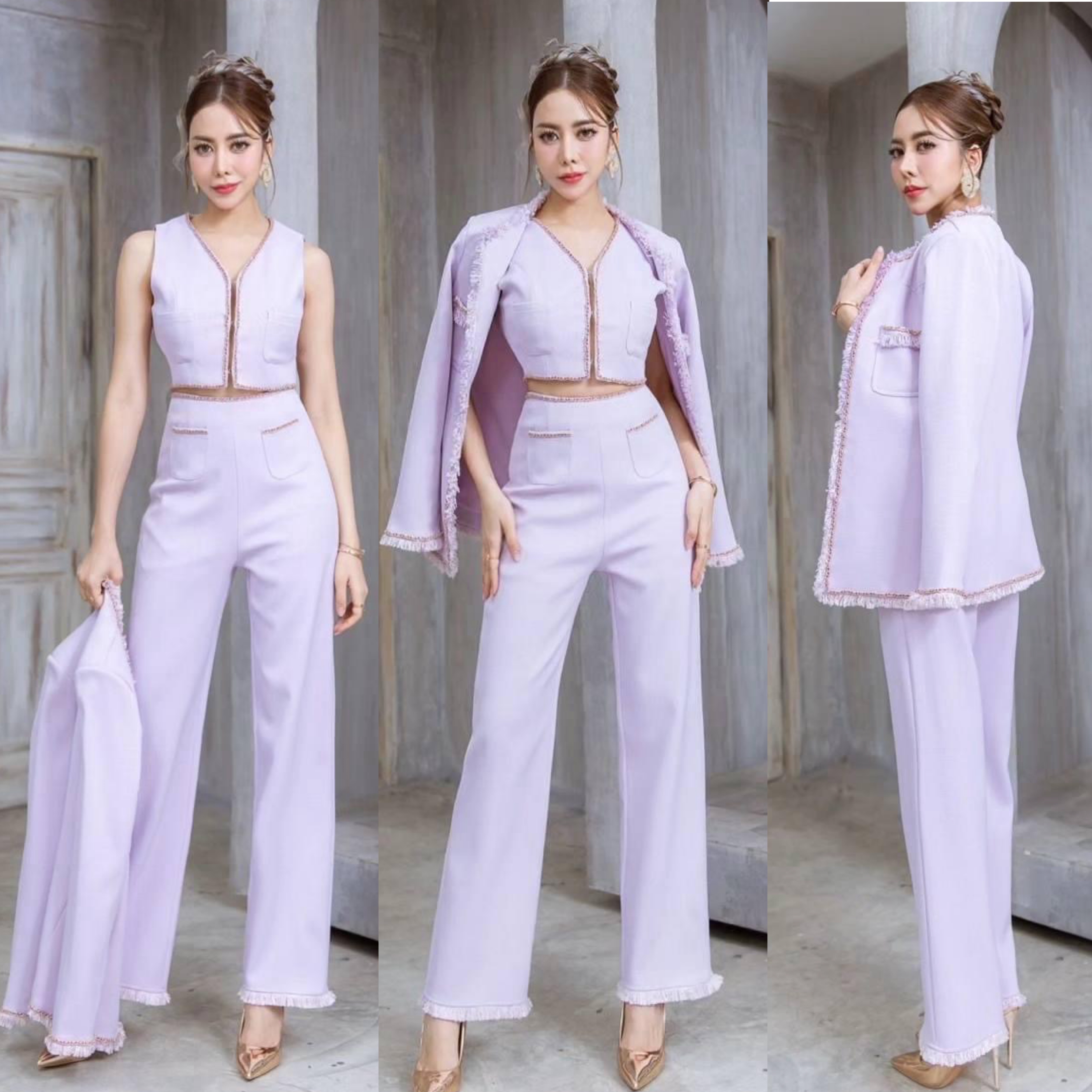 เซต 3 ชิ้น ผ้าทวิตเกรดA แต่งโซ่ทอง ตัวเสื้อกั๊กด้านในเป็นครอปคอวีแขนกุด แต่งขอบด้วยโซ่ทองร้อยริบบิ้นกำมะหยี่สี+เสื้อคลุมทรงกึ่งเข้ารูป+กางเกงเอวสูงทรงขากระบอก สินค้าคุณภาพ (พร้อมส่ง)