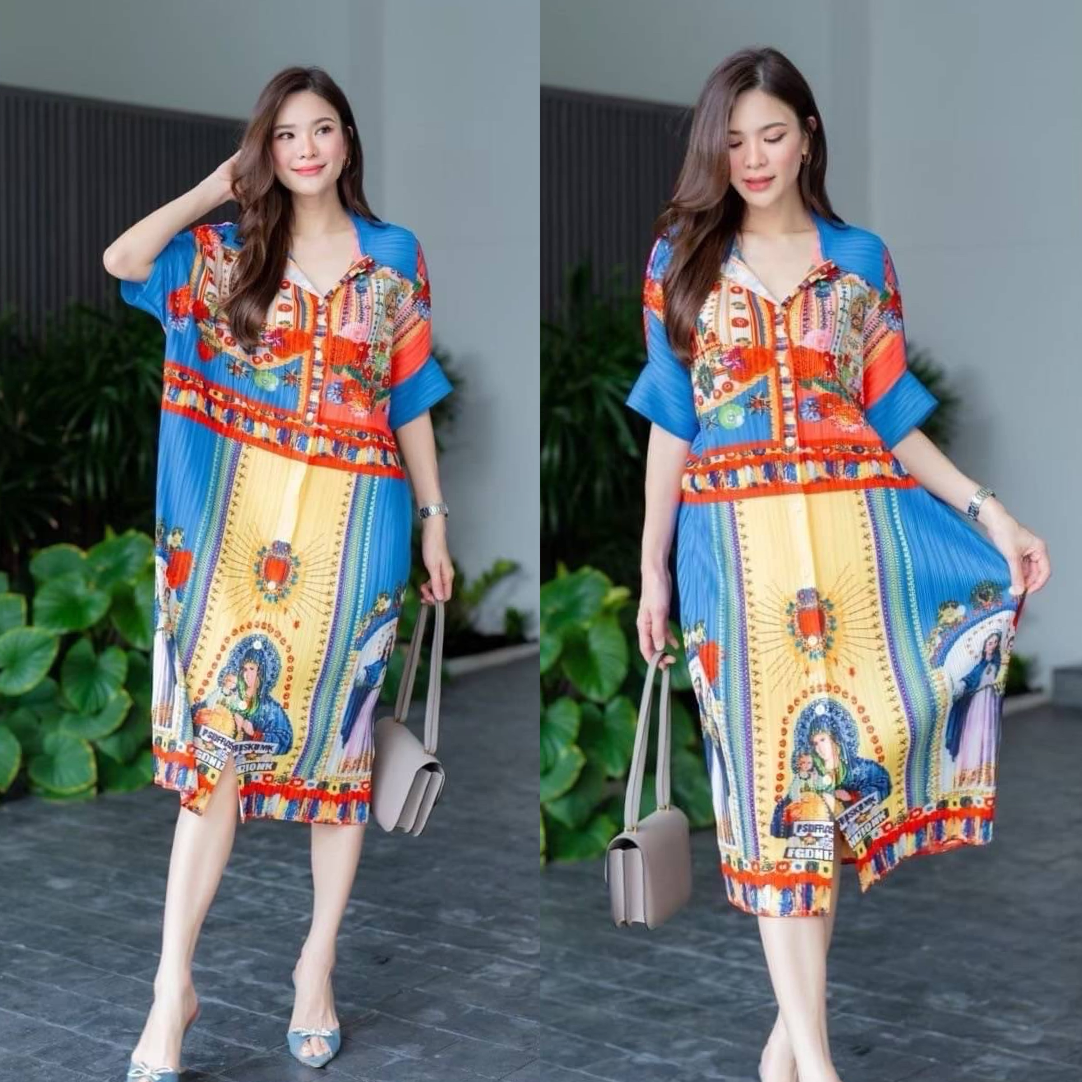 เดรสพลีทตัวยาวคอปกใหญ่ ทรงไหล่ล้ำ พับแขนเบิ้ล เกร๋กรู๊ดดด งานอัดพลีท 100% พลีท AA Premium 🎡🎢 ลายกราฟฟิค ใส่สบาย : สินค้าคุณภาพ (พร้อมส่ง)