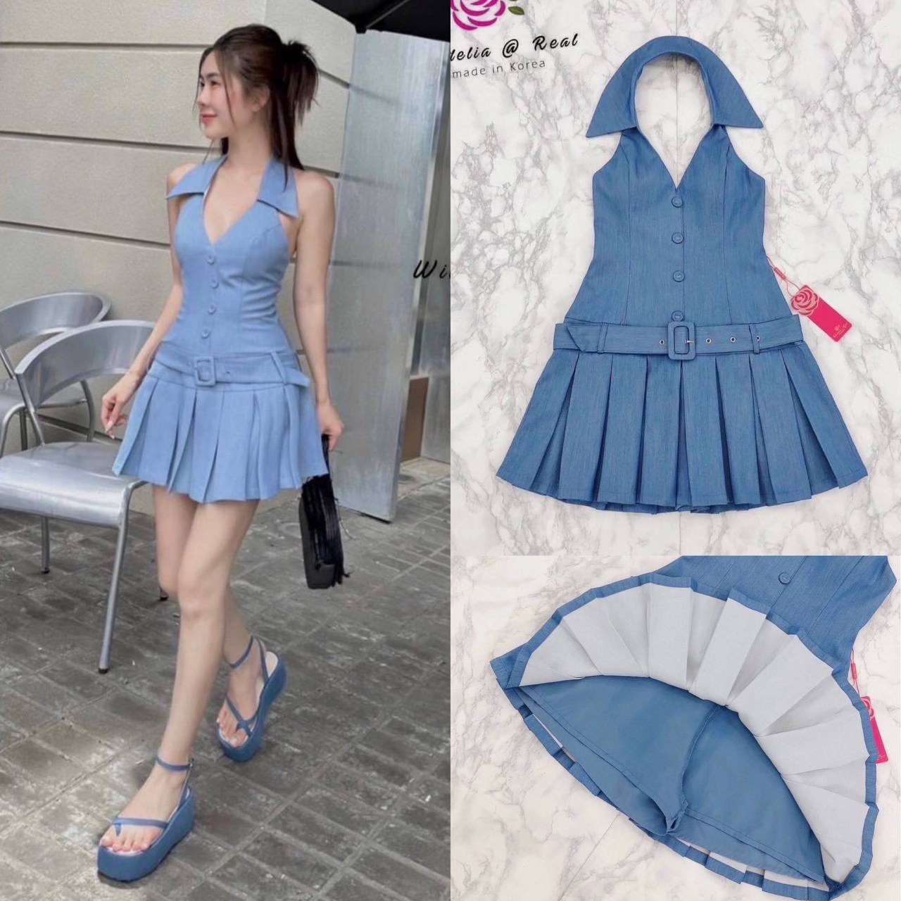 Dress :: เดรสคล้องคอตัวสั้นสวยทรงดีสุด Cute คอปกเก๋ อกเสริมฟองเป็นทรงสวย ด้านหลังซิปยาว แต่งเข็มขัด ชายเดรสจับจีบสวยเด้ง ด้านในซับกางเกงขาสั้น สินค้าคุณภาพ (พร้อมส่ง)