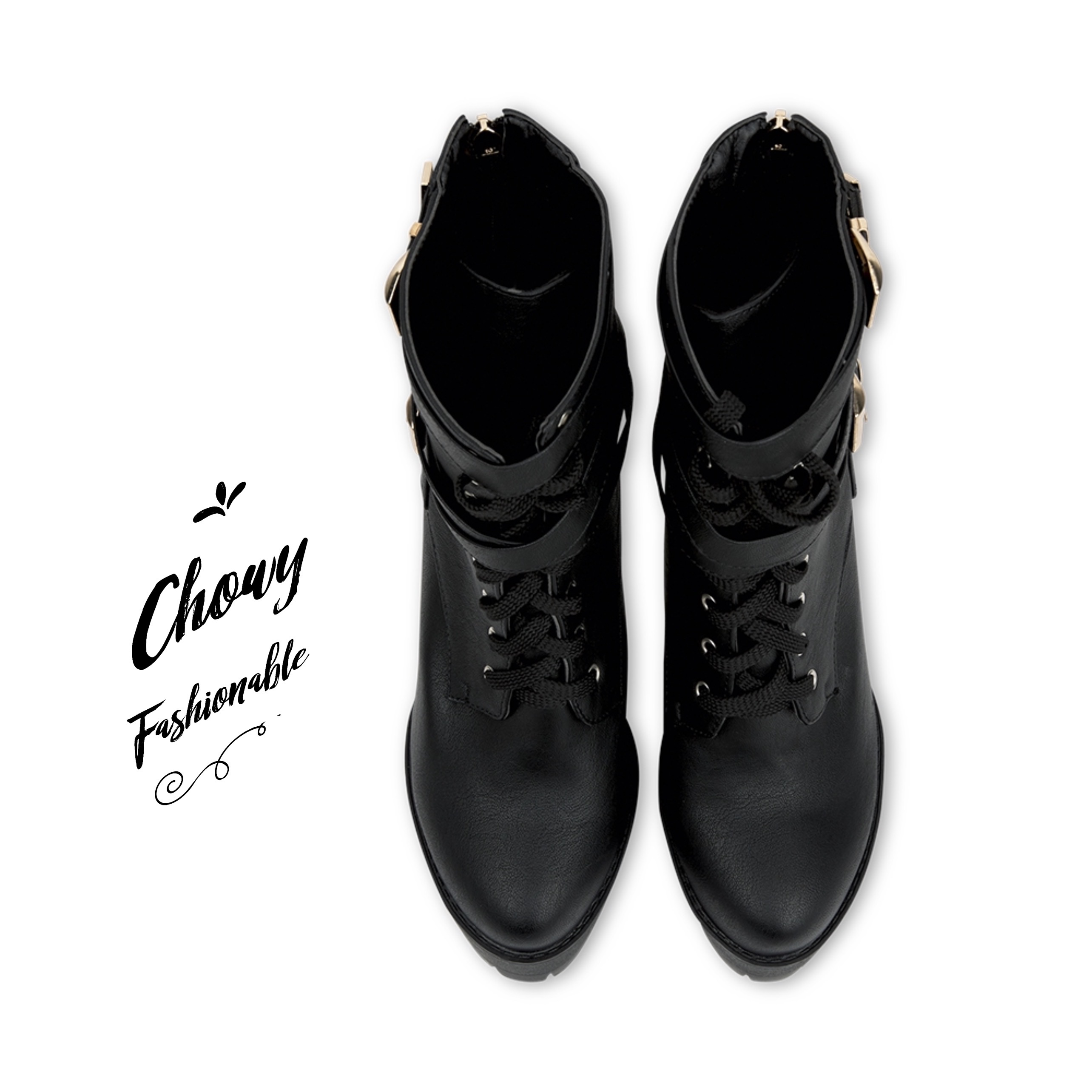 รองเท้าบูทไซส์ใหญ่ 39-48 ส้นหนาสูง 5 นิ้ว มัฟฟินส้นสูง คอสเพย์ สีดำ KR1093BL