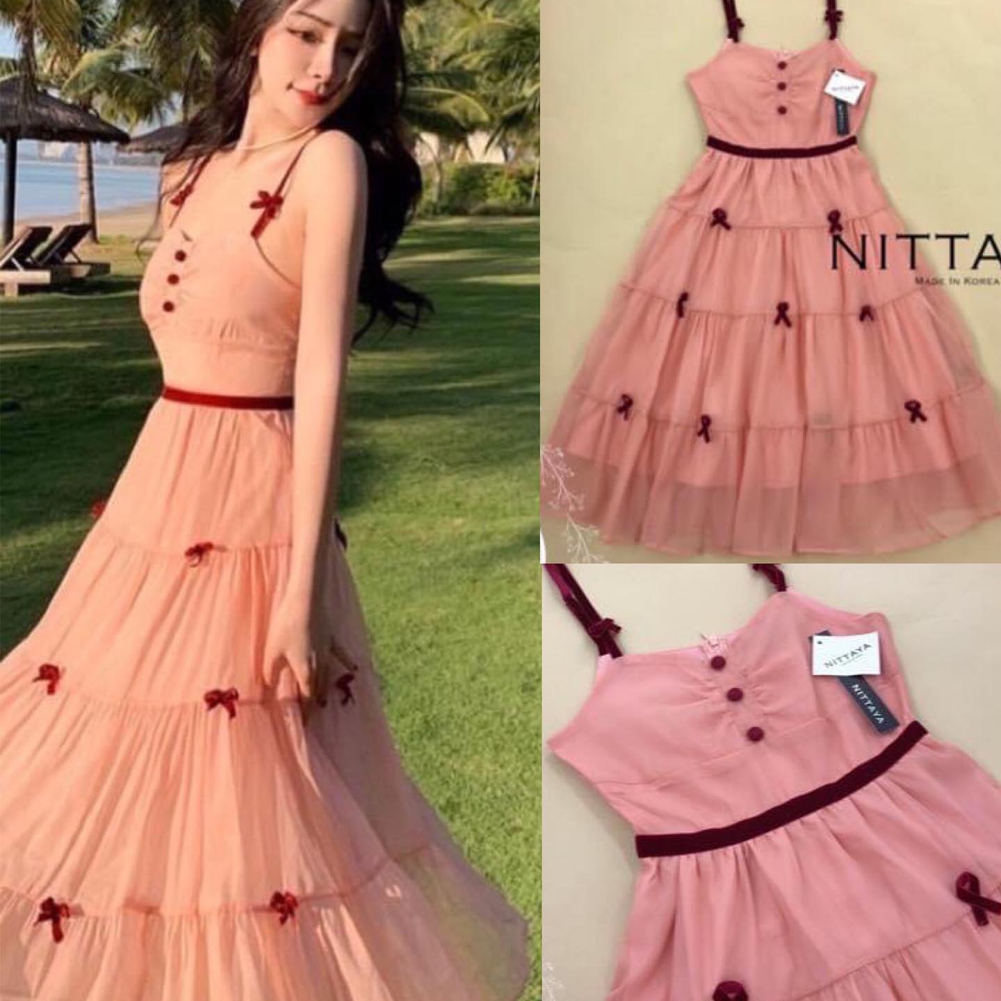 เดรสสายเดี่ยวโอรสติดโบว์(สายปลับได้) สินค้าคุณภาพ (พร้อมส่ง)